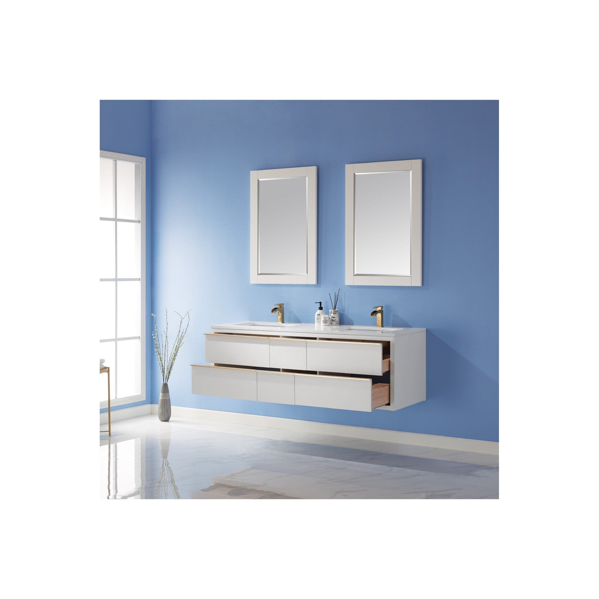Morgan 60" Double Bathroom Vanity Set in White and Composite Carrara White Stone Countertop with Mirror