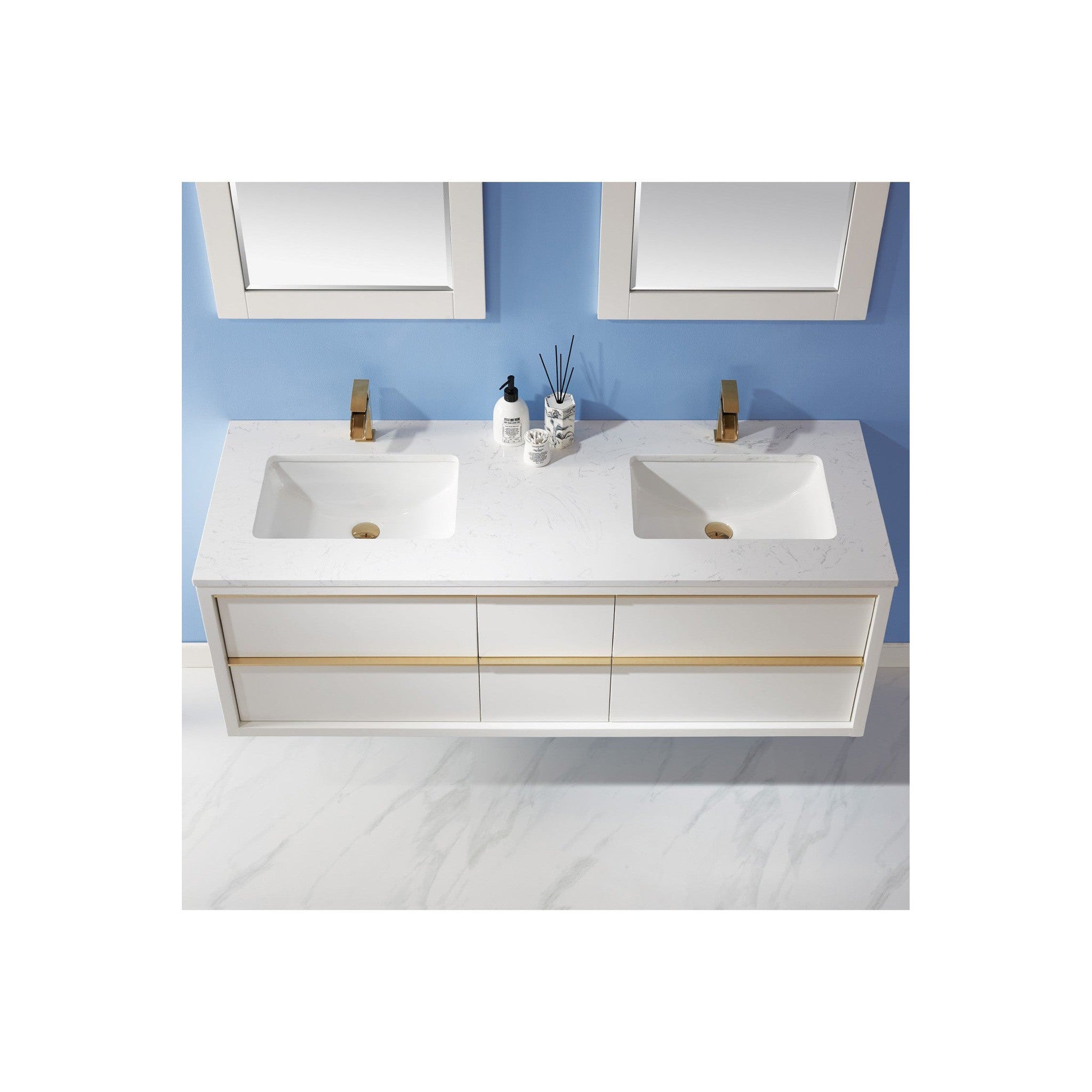 Morgan 60" Double Bathroom Vanity Set in White and Composite Carrara White Stone Countertop with Mirror