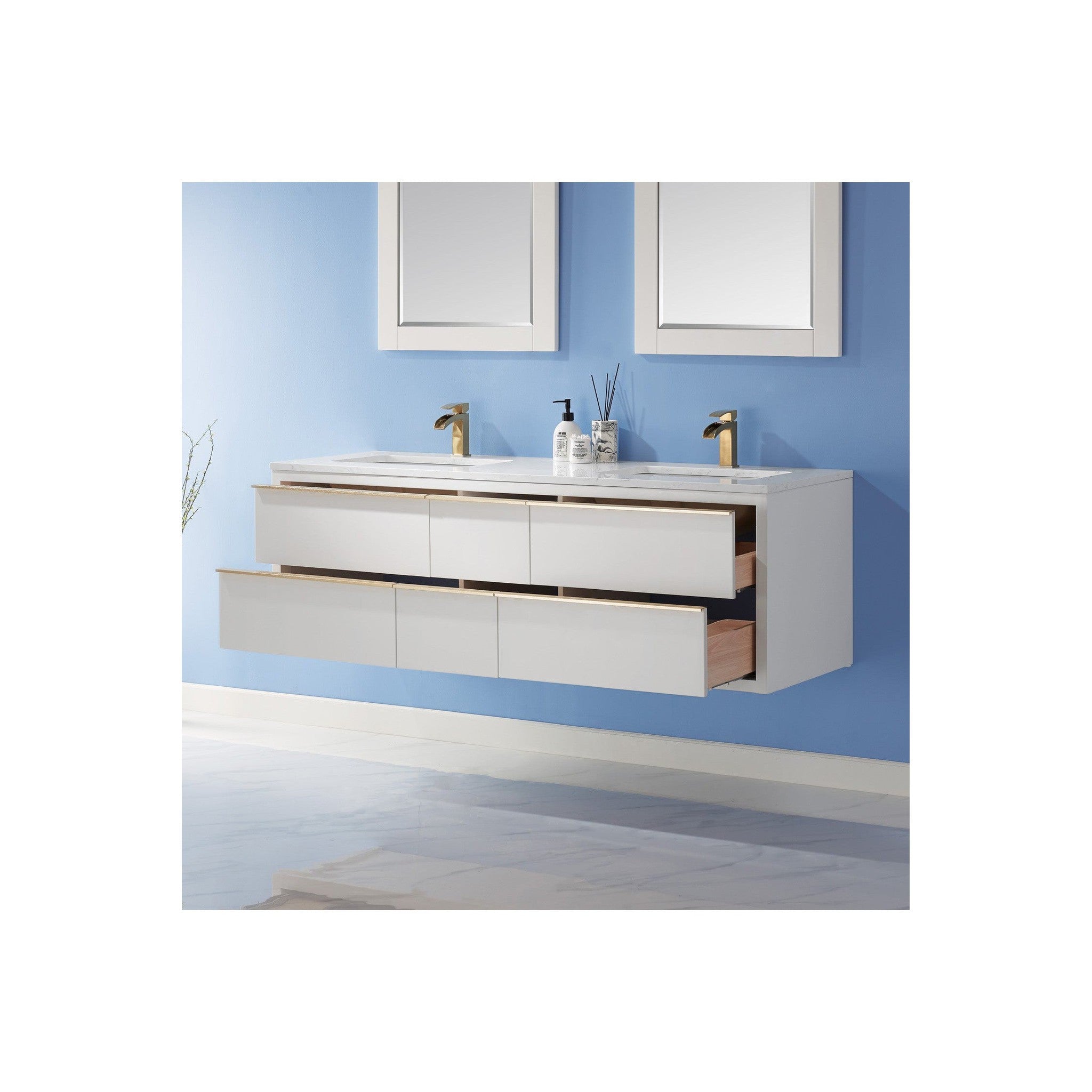 Morgan 60" Double Bathroom Vanity Set in White and Composite Carrara White Stone Countertop with Mirror