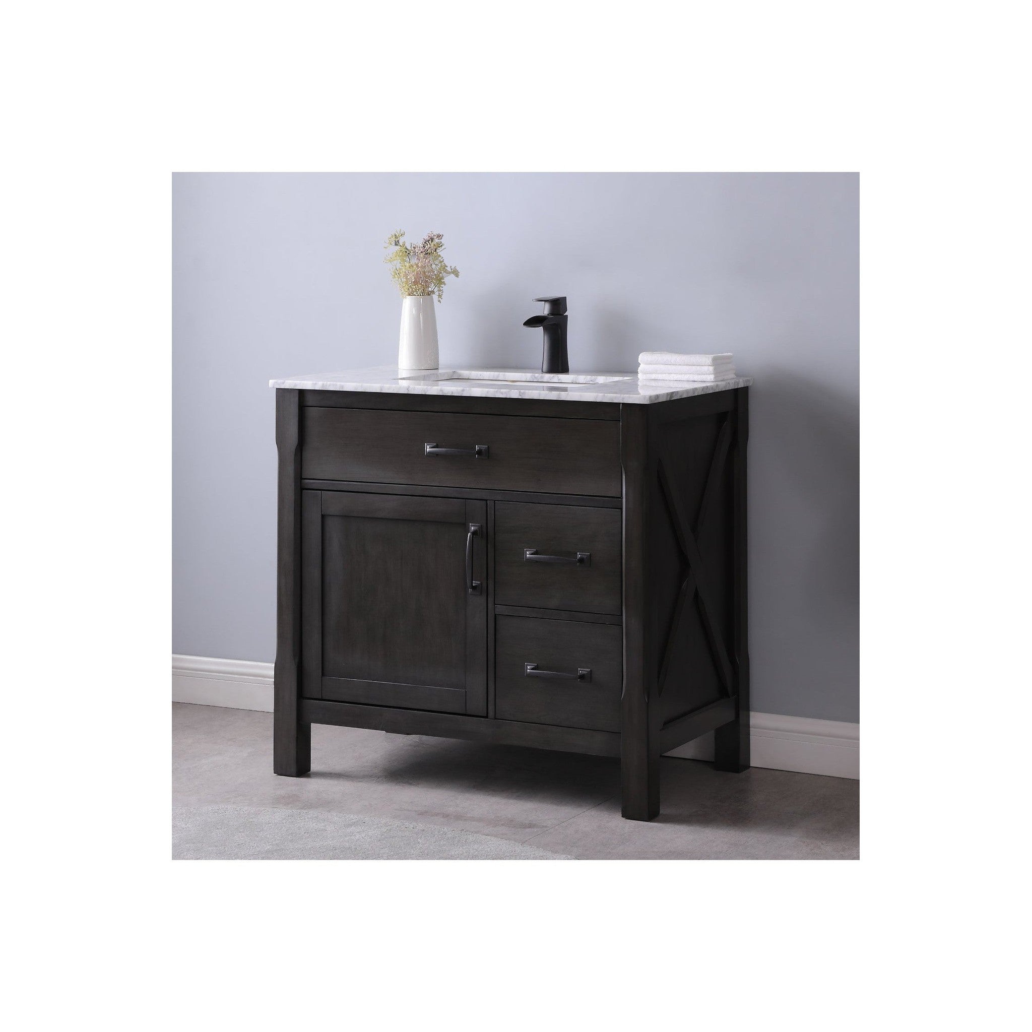 Maribella 36" Single Bathroom Vanity Set in Rust Black and Carrara White Marble Countertop without Mirror