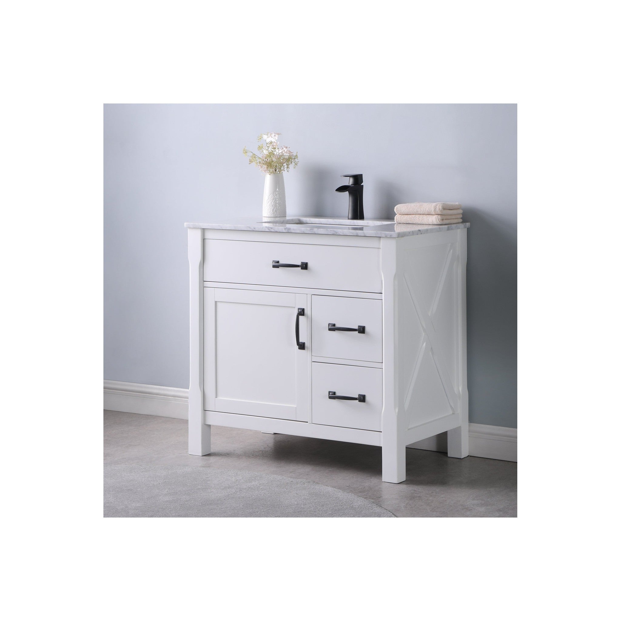 Maribella 36" Single Bathroom Vanity Set in White and Carrara White Marble Countertop without Mirror