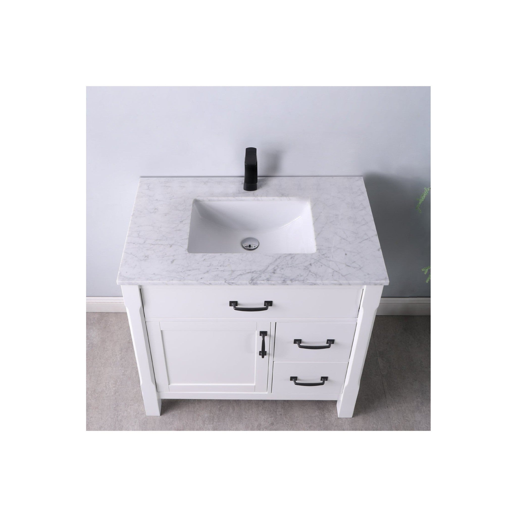 Maribella 36" Single Bathroom Vanity Set in White and Carrara White Marble Countertop without Mirror