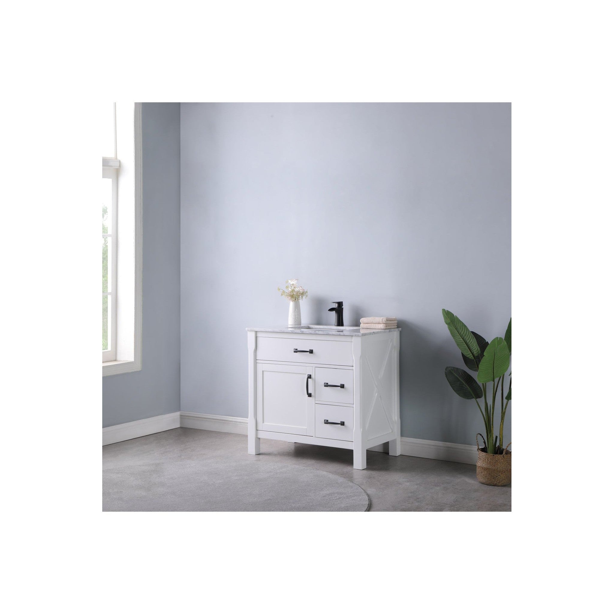 Maribella 36" Single Bathroom Vanity Set in White and Carrara White Marble Countertop without Mirror