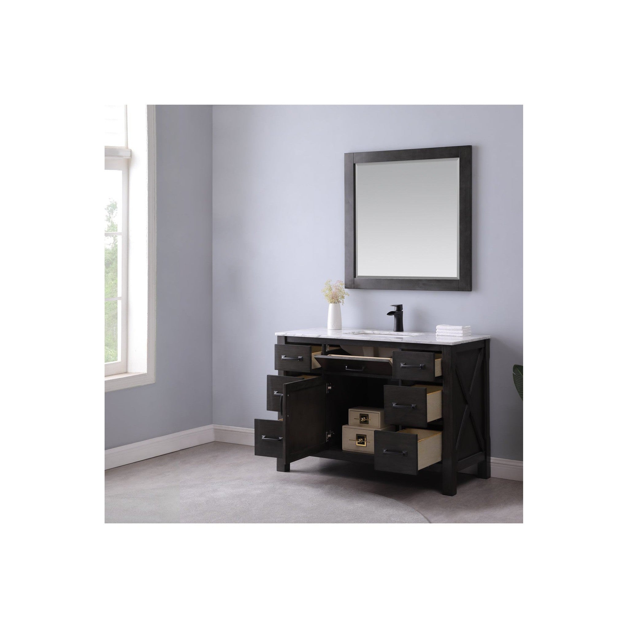 Maribella 48" Single Bathroom Vanity Set in Rust Black and Carrara White Marble Countertop with Mirror