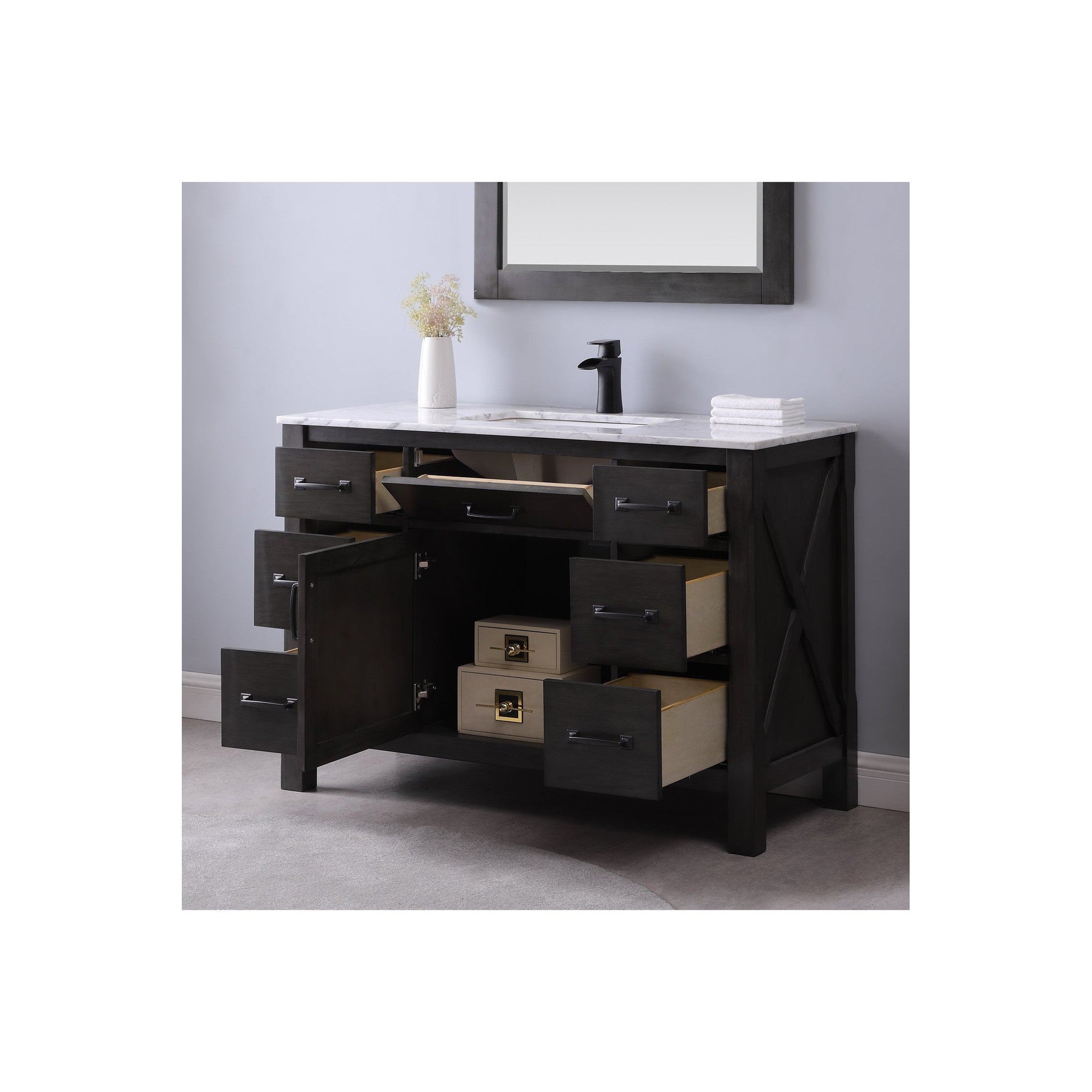 Maribella 48" Single Bathroom Vanity Set in Rust Black and Carrara White Marble Countertop with Mirror