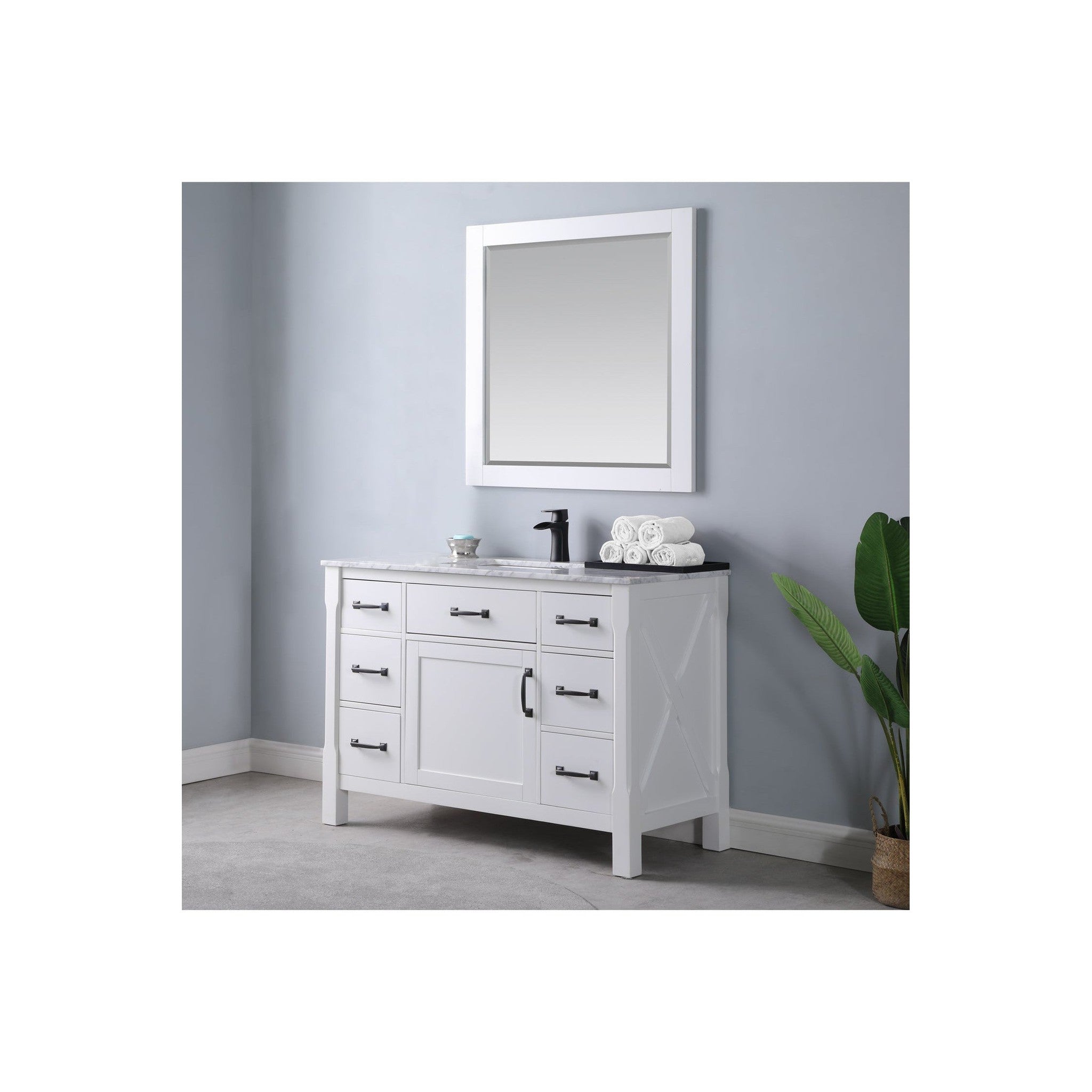 Maribella 48" Single Bathroom Vanity Set in White and Carrara White Marble Countertop with Mirror