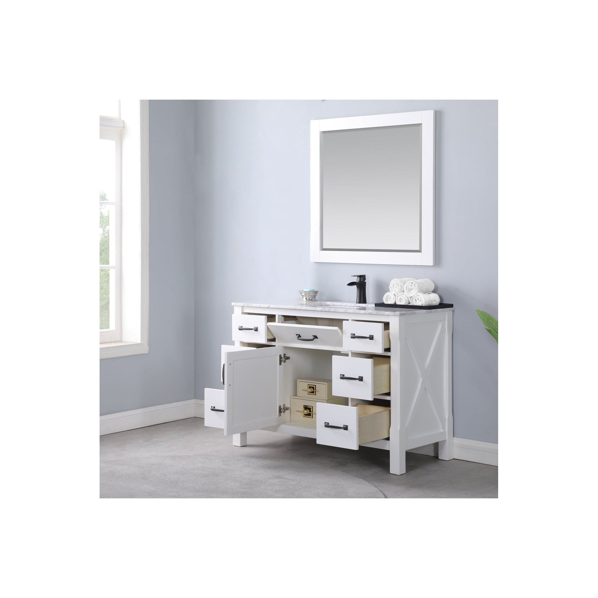 Maribella 48" Single Bathroom Vanity Set in White and Carrara White Marble Countertop with Mirror