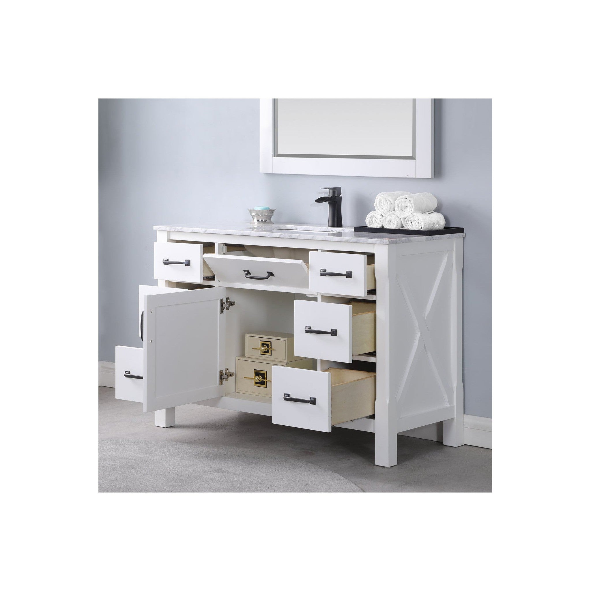 Maribella 48" Single Bathroom Vanity Set in White and Carrara White Marble Countertop with Mirror
