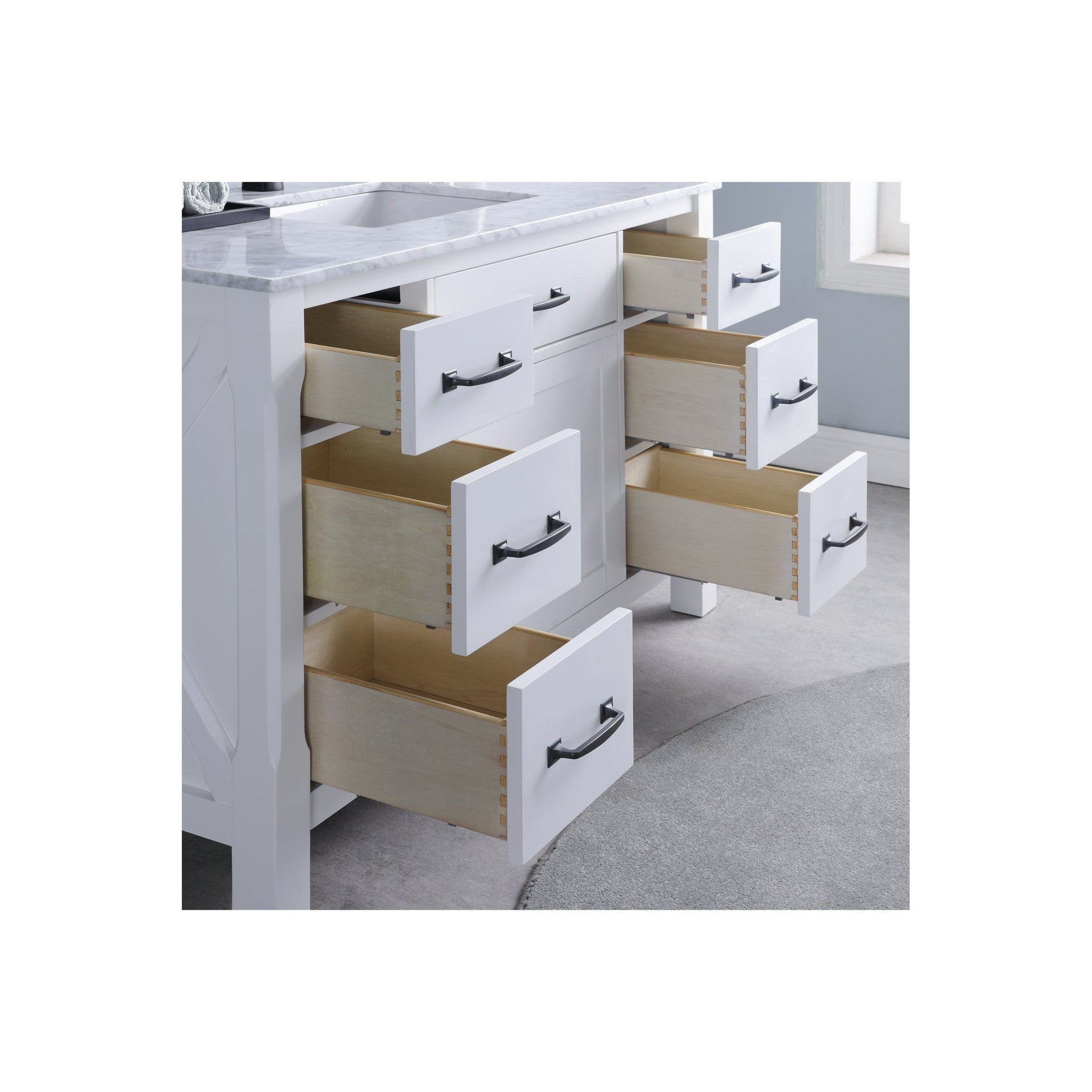 Maribella 48" Single Bathroom Vanity Set in White and Carrara White Marble Countertop with Mirror