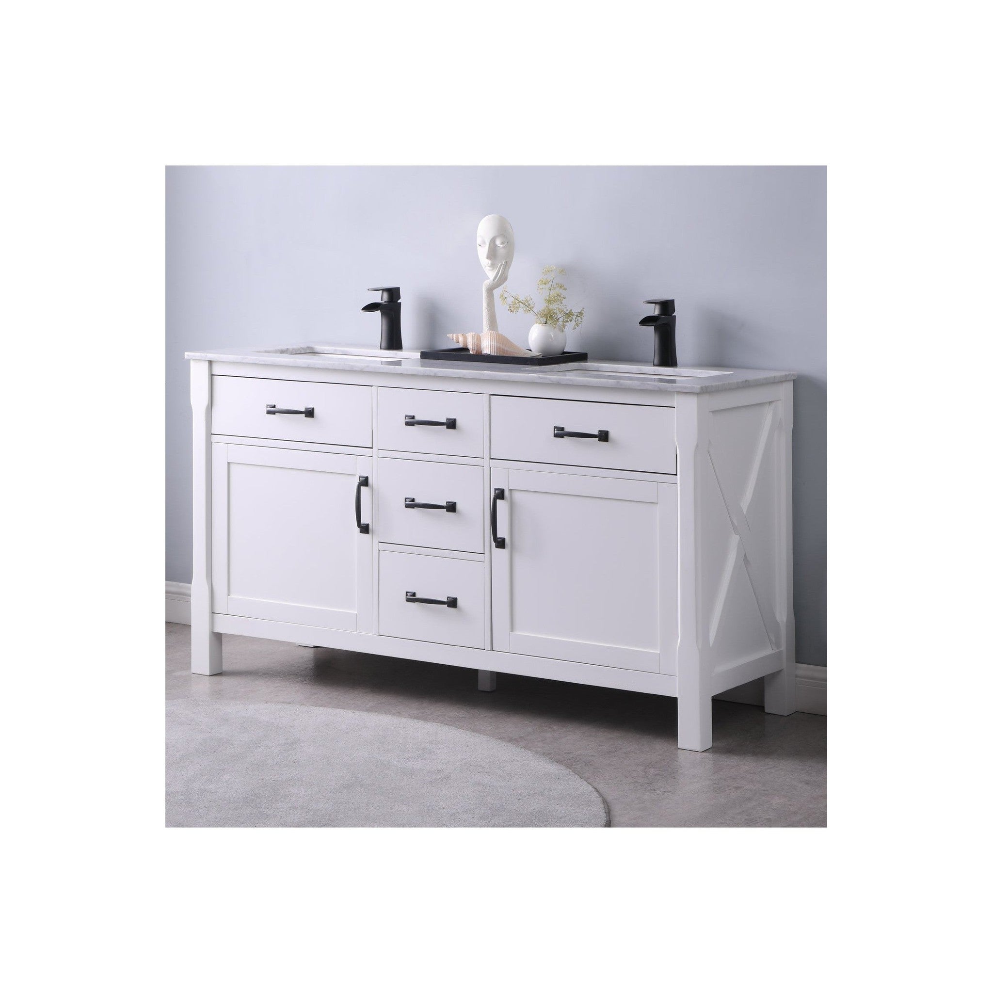 Maribella 60" Double Bathroom Vanity Set in White and Carrara White Marble Countertop without Mirror