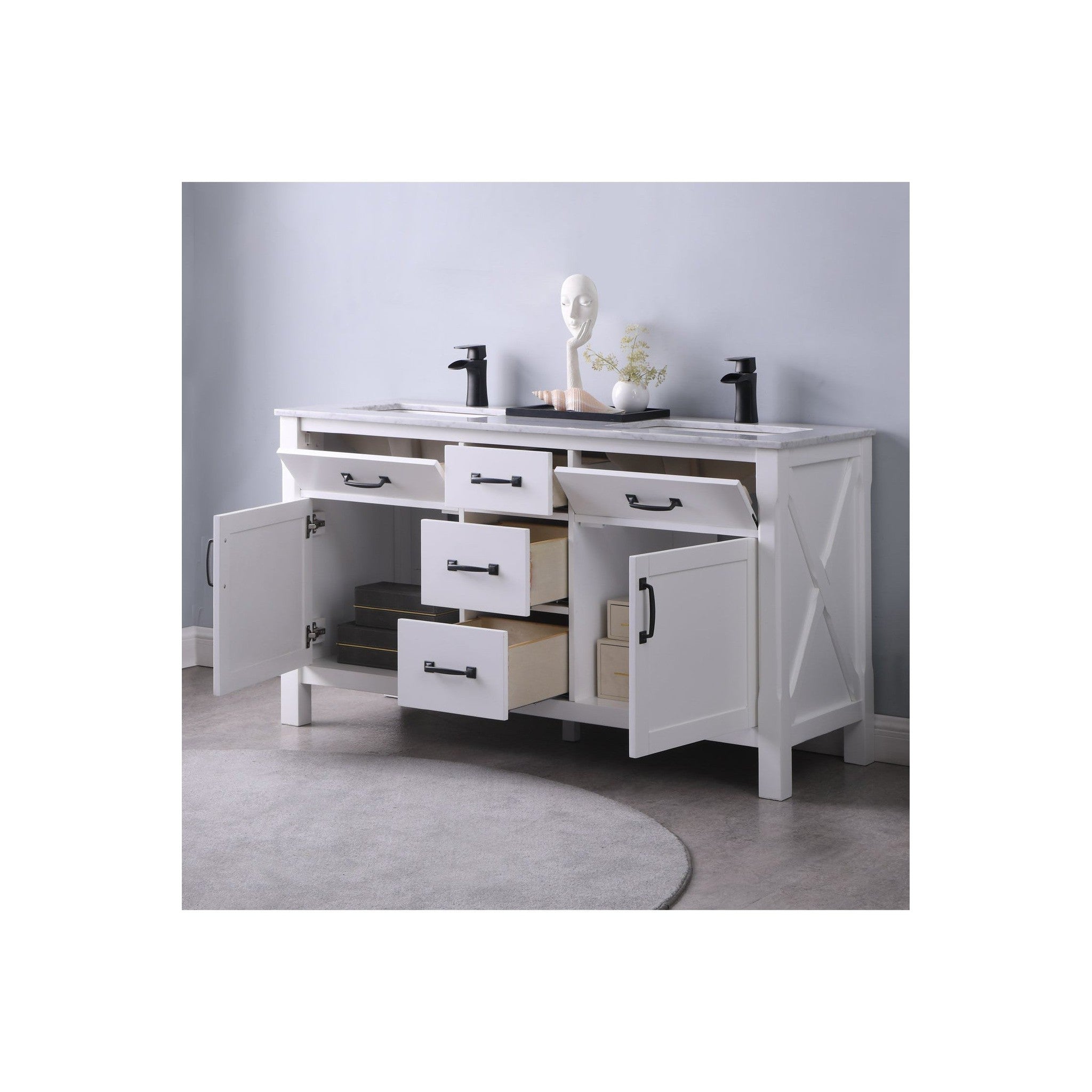 Maribella 60" Double Bathroom Vanity Set in White and Carrara White Marble Countertop without Mirror