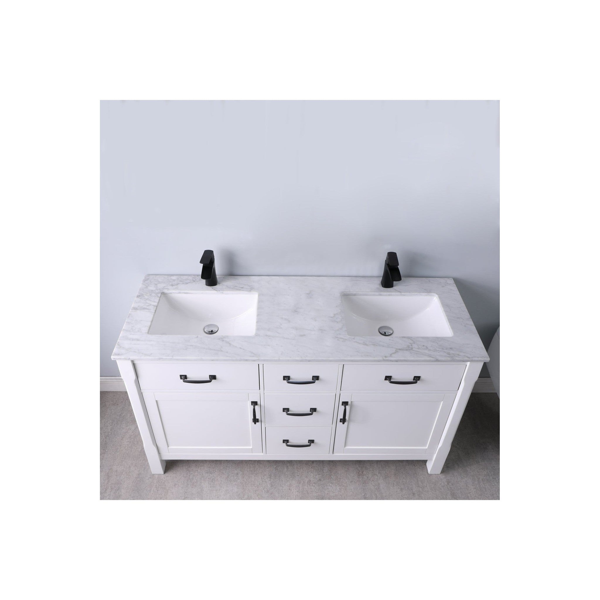 Maribella 60" Double Bathroom Vanity Set in White and Carrara White Marble Countertop without Mirror