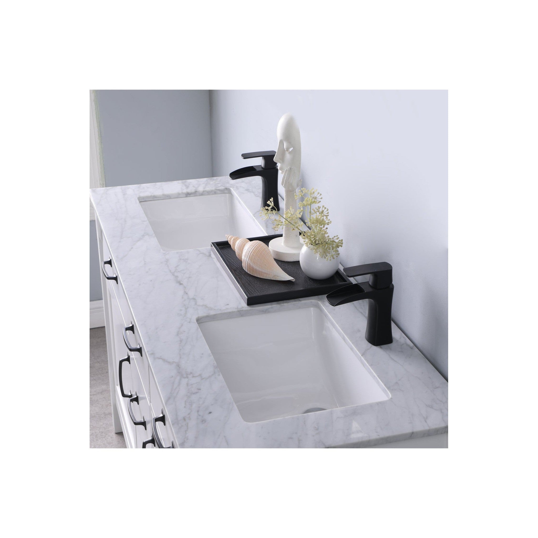 Maribella 60" Double Bathroom Vanity Set in White and Carrara White Marble Countertop without Mirror