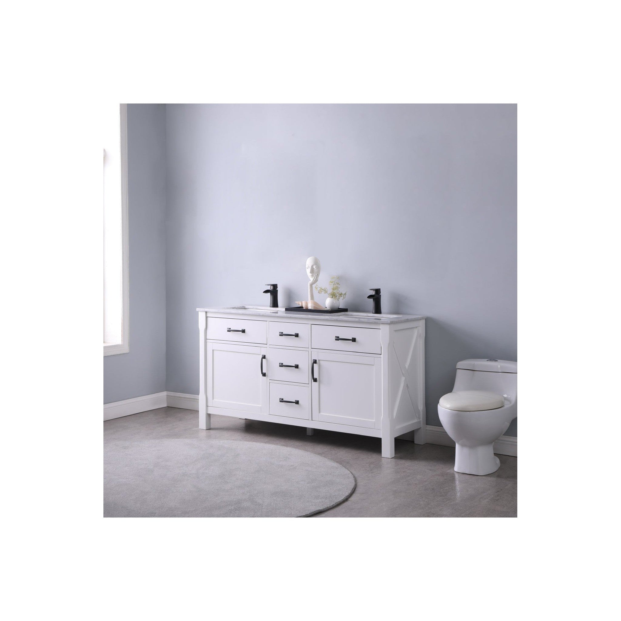 Maribella 60" Double Bathroom Vanity Set in White and Carrara White Marble Countertop without Mirror