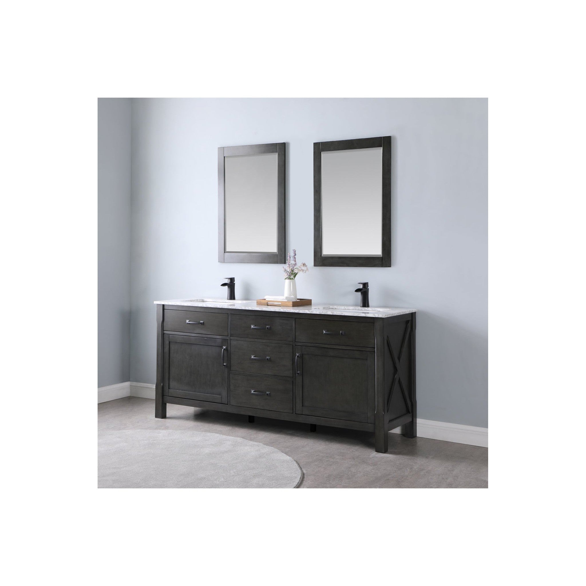 Maribella 72" Double Bathroom Vanity Set in Rust Black and Carrara White Marble Countertop with Mirror