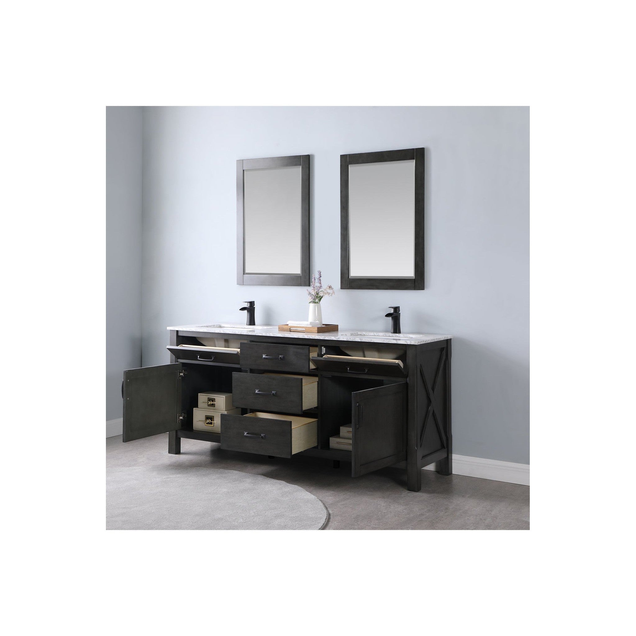 Maribella 72" Double Bathroom Vanity Set in Rust Black and Carrara White Marble Countertop with Mirror