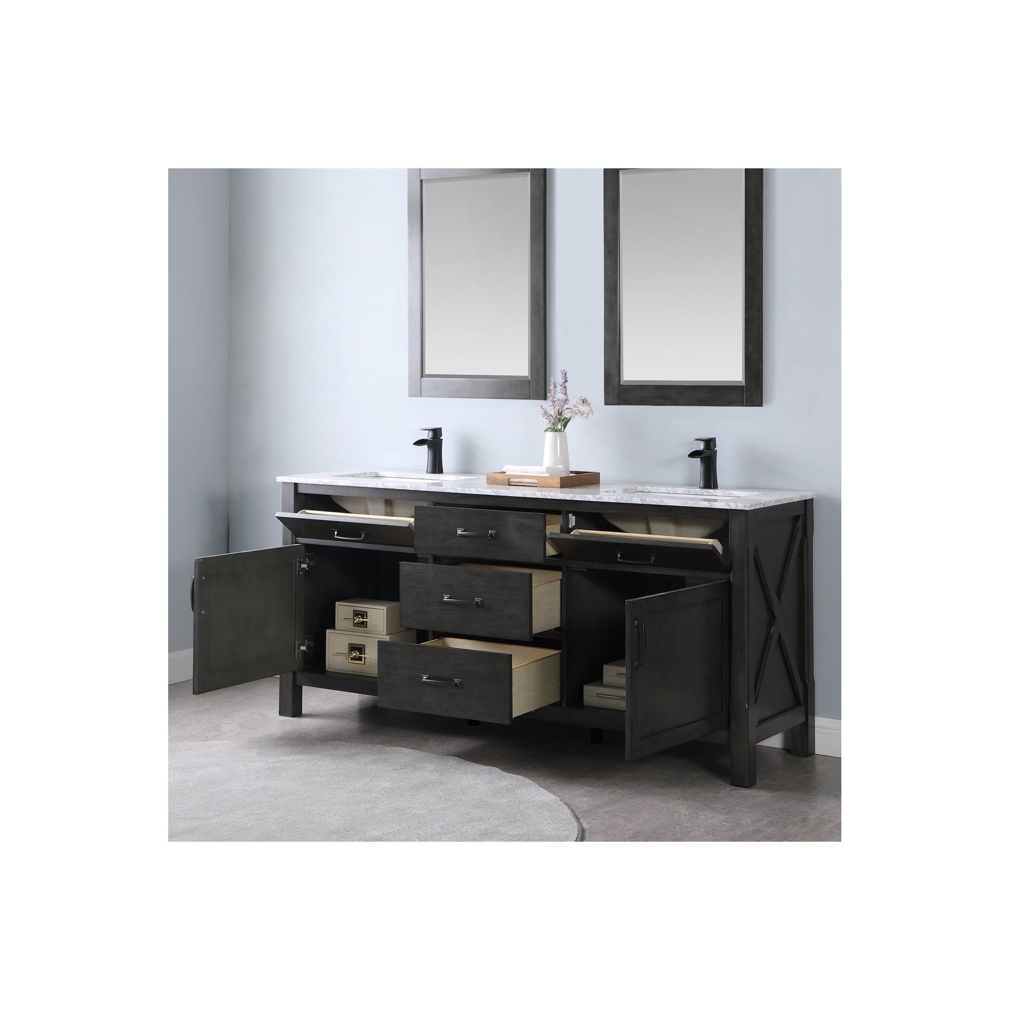 Maribella 72" Double Bathroom Vanity Set in Rust Black and Carrara White Marble Countertop with Mirror