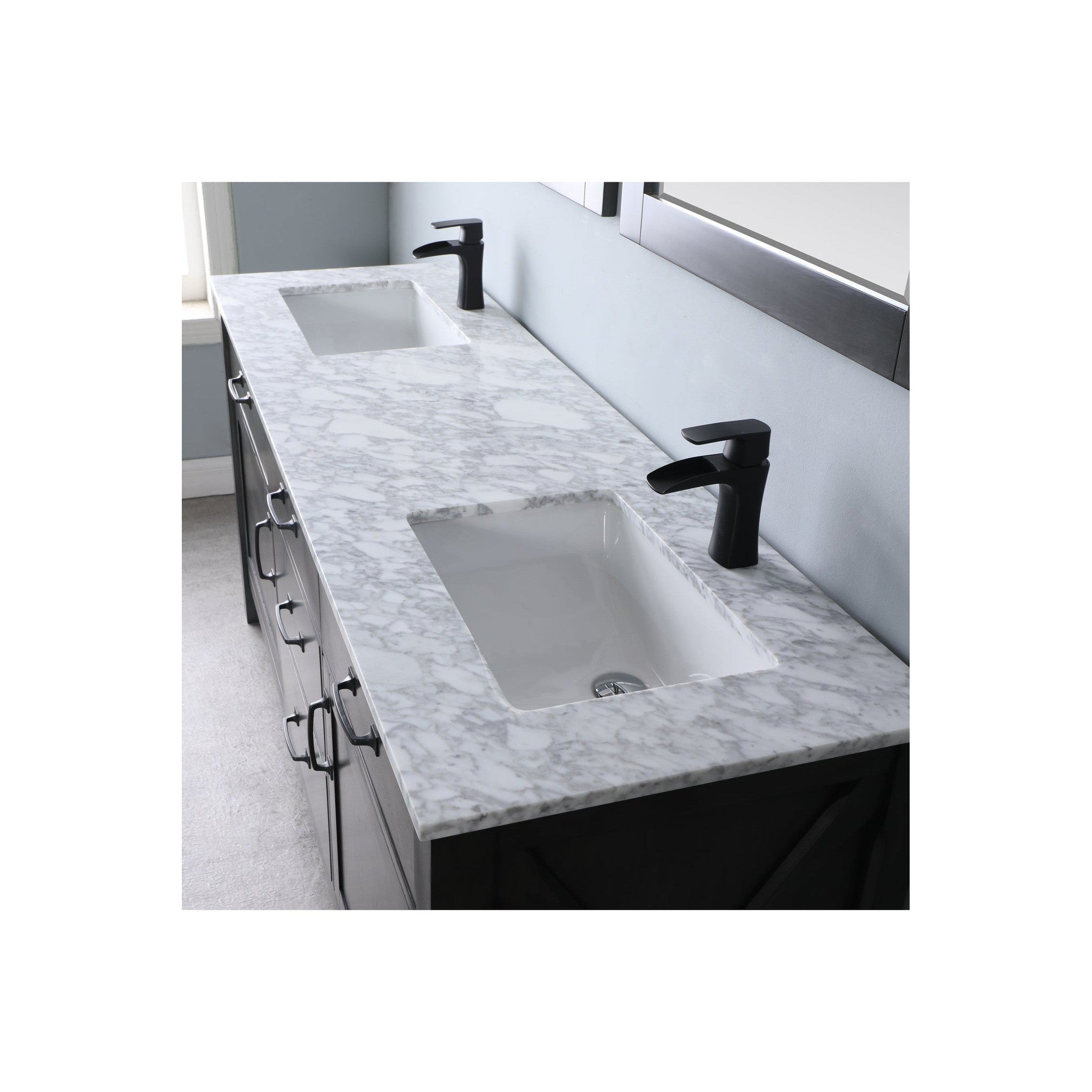 Maribella 72" Double Bathroom Vanity Set in Rust Black and Carrara White Marble Countertop with Mirror