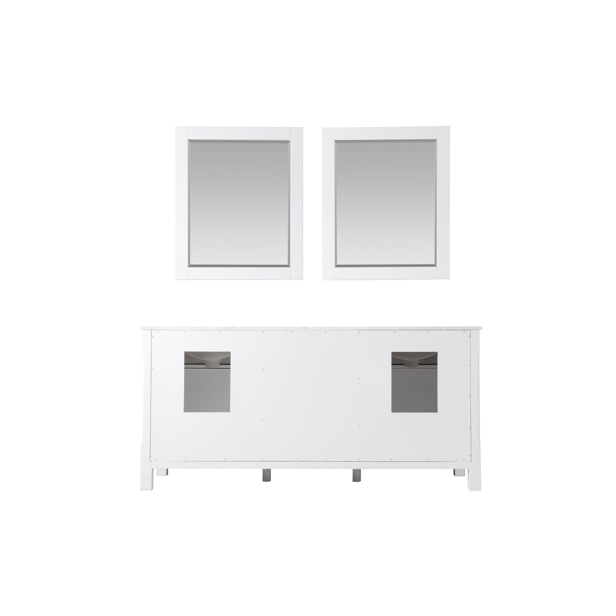 Maribella 72" Double Bathroom Vanity Set in White and Carrara White Marble Countertop with Mirror
