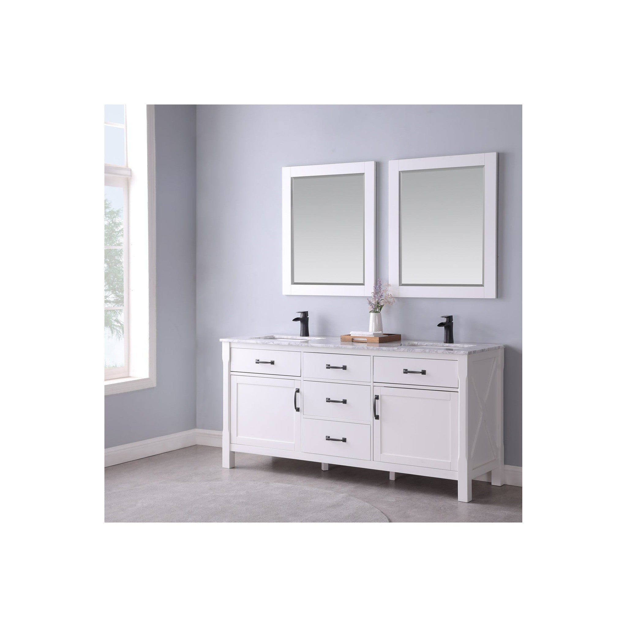 Maribella 72" Double Bathroom Vanity Set in White and Carrara White Marble Countertop with Mirror