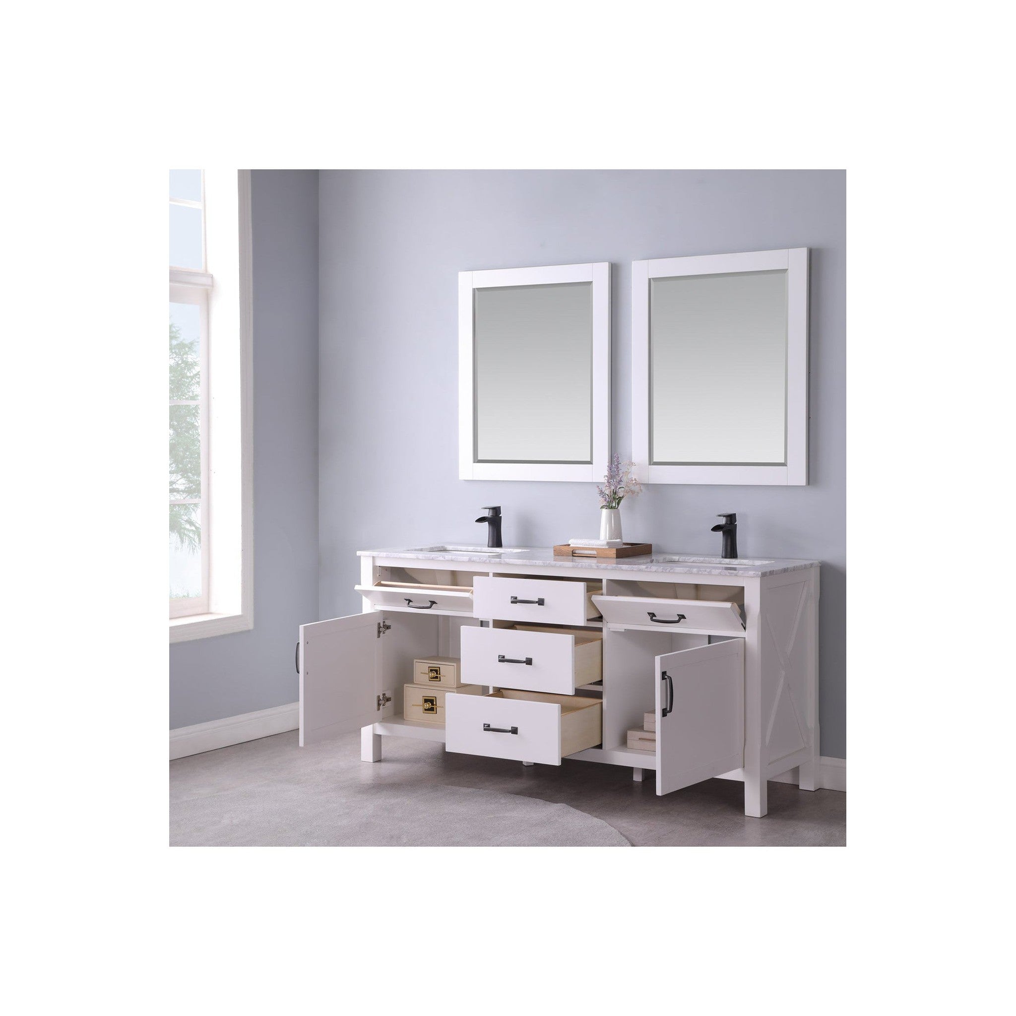 Maribella 72" Double Bathroom Vanity Set in White and Carrara White Marble Countertop with Mirror