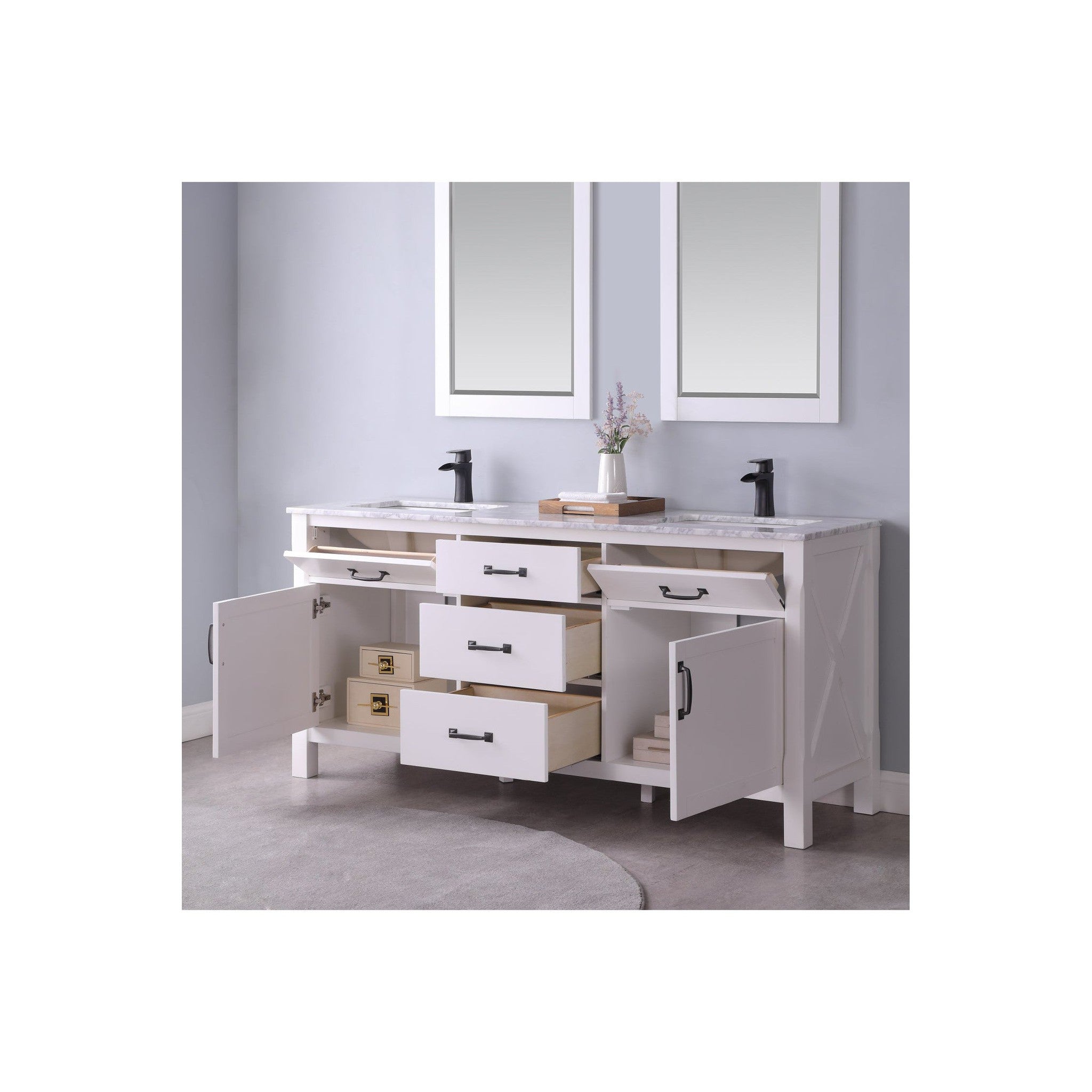 Maribella 72" Double Bathroom Vanity Set in White and Carrara White Marble Countertop with Mirror