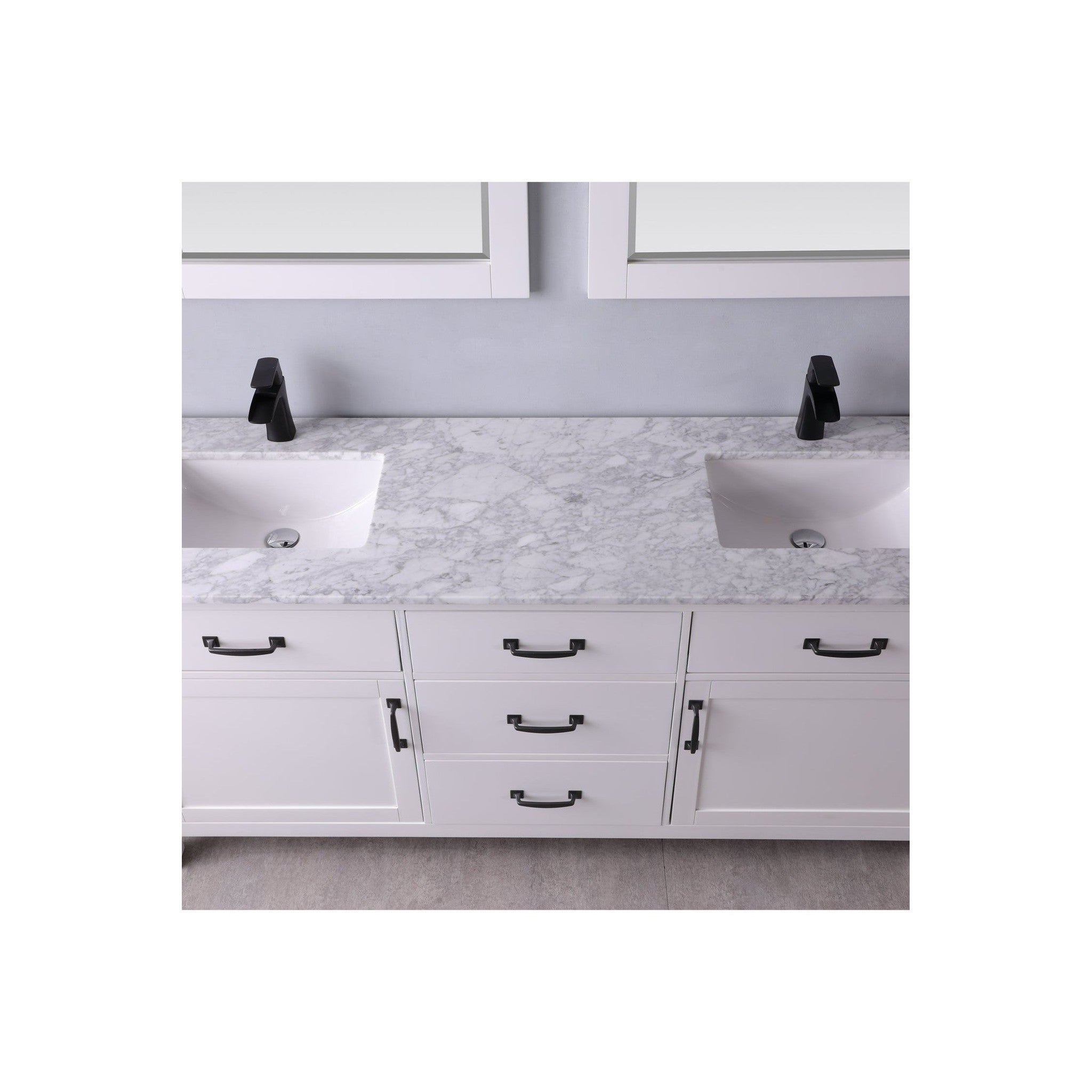 Maribella 72" Double Bathroom Vanity Set in White and Carrara White Marble Countertop with Mirror