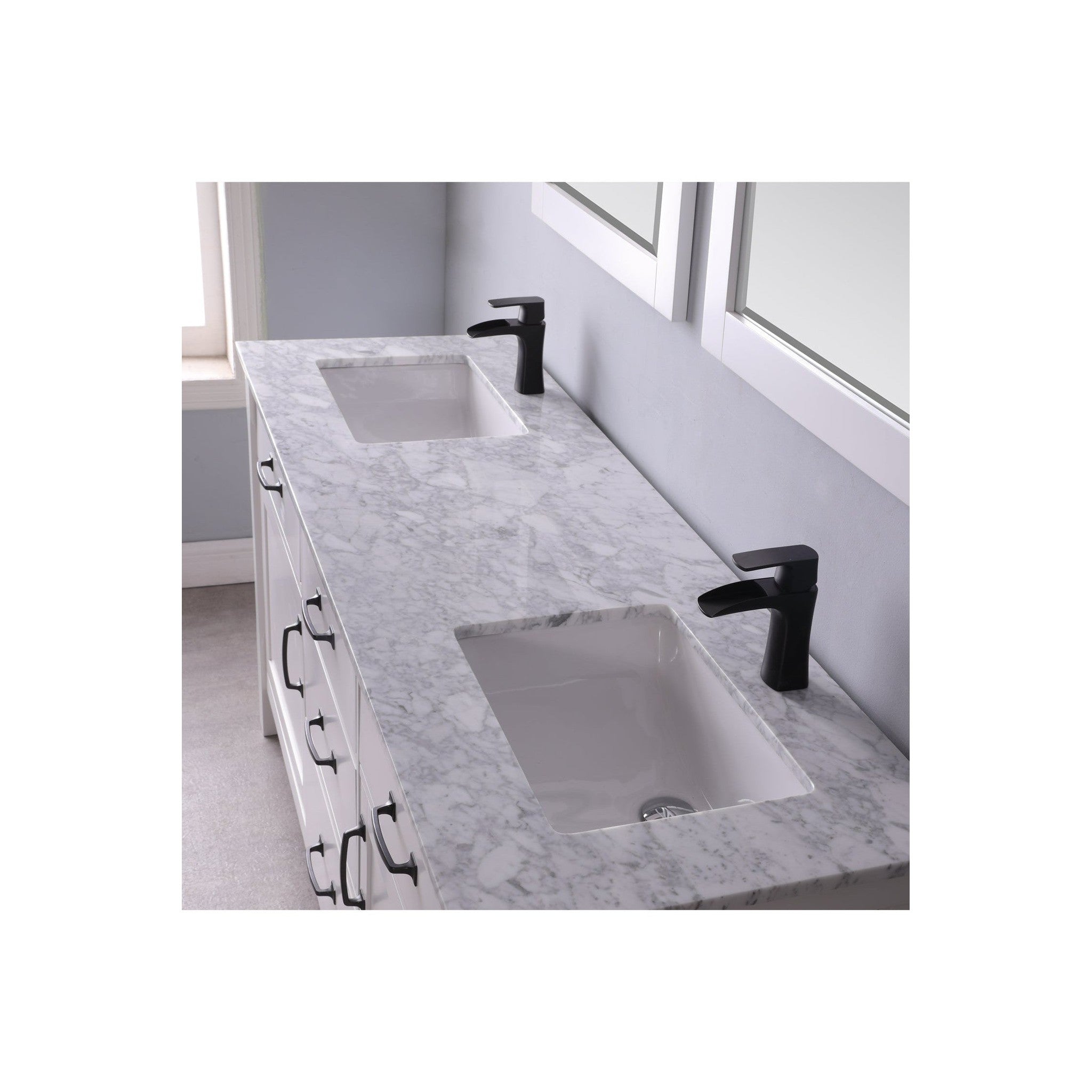 Maribella 72" Double Bathroom Vanity Set in White and Carrara White Marble Countertop with Mirror