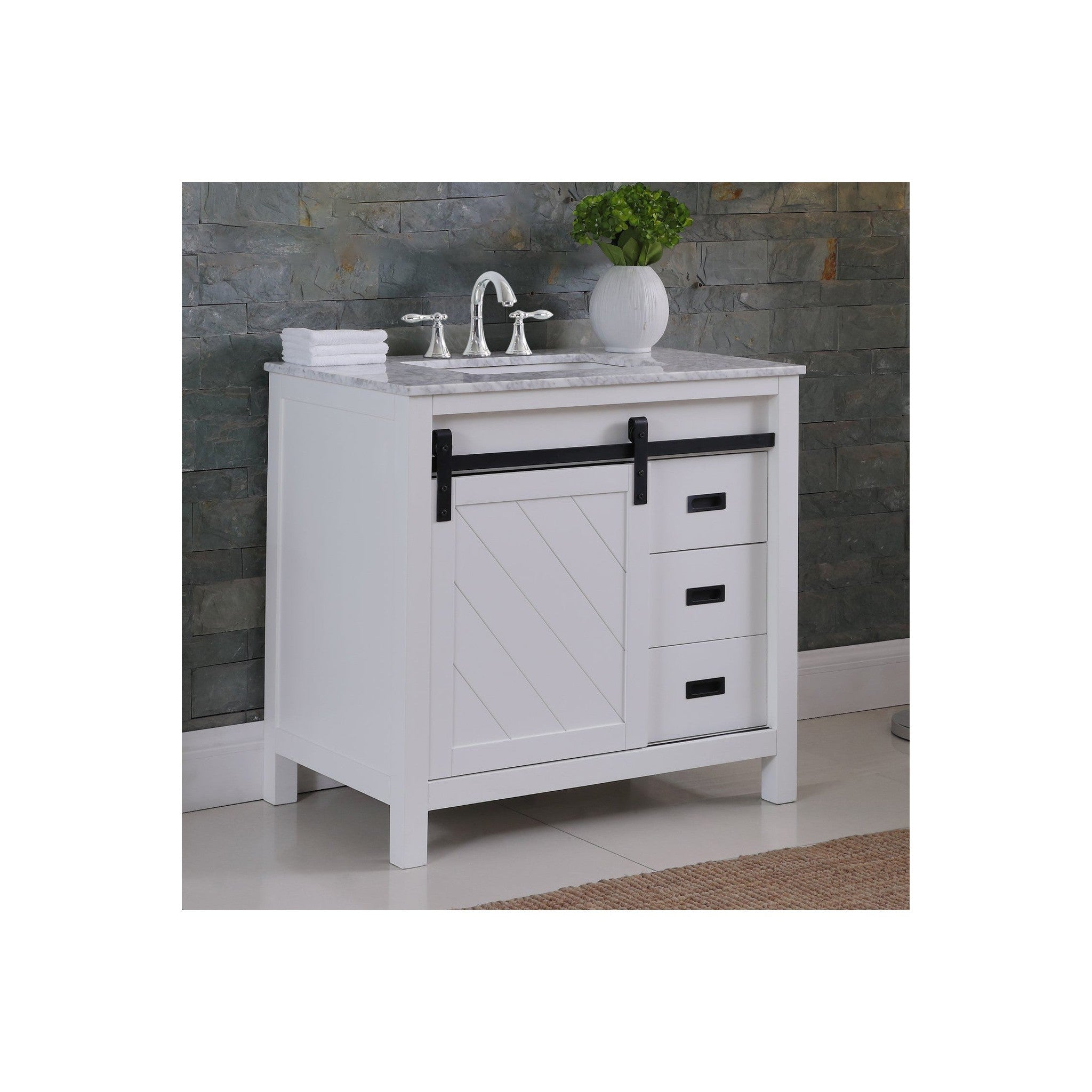 Kinsley 36" Single Bathroom Vanity Set in White and Carrara White Marble Countertop without Mirror