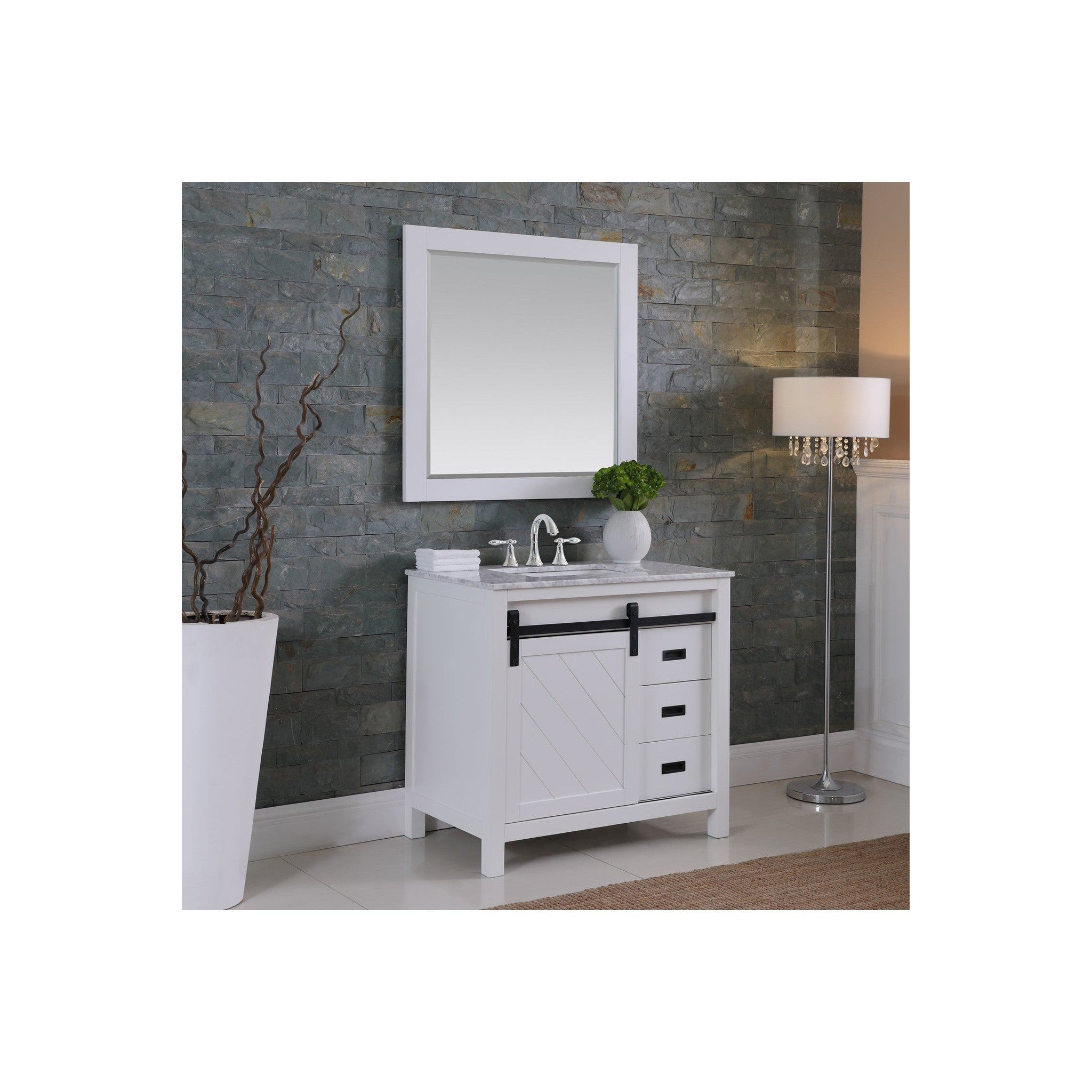 Kinsley 36" Single Bathroom Vanity Set in White and Carrara White Marble Countertop with Mirror