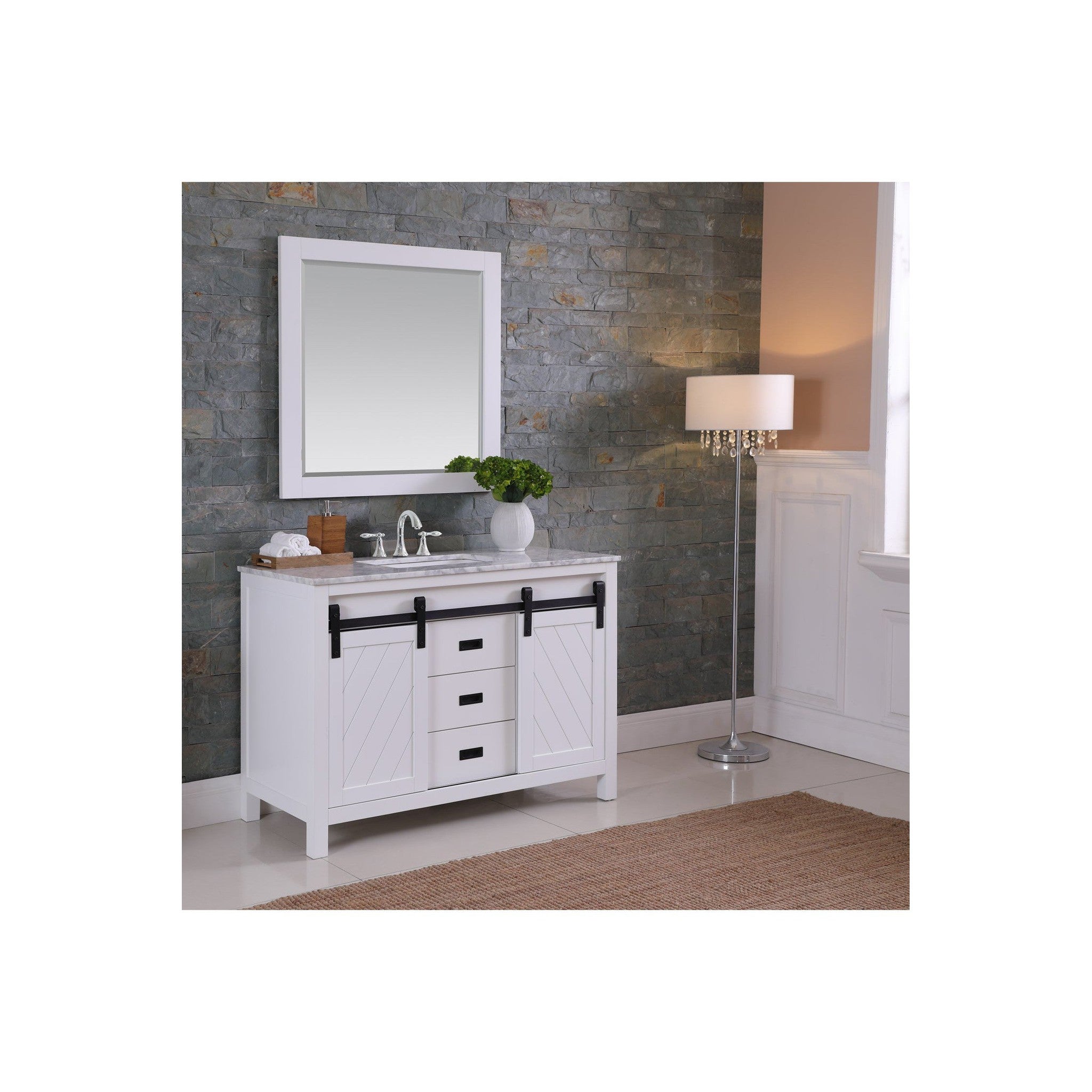 Kinsley 48" Single Bathroom Vanity Set in White and Carrara White Marble Countertop with Mirror