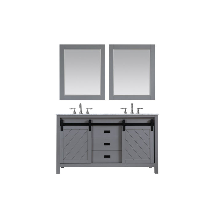 Kinsley 60" Double Bathroom Vanity Set in Gray and Carrara White Marble Countertop with Mirror