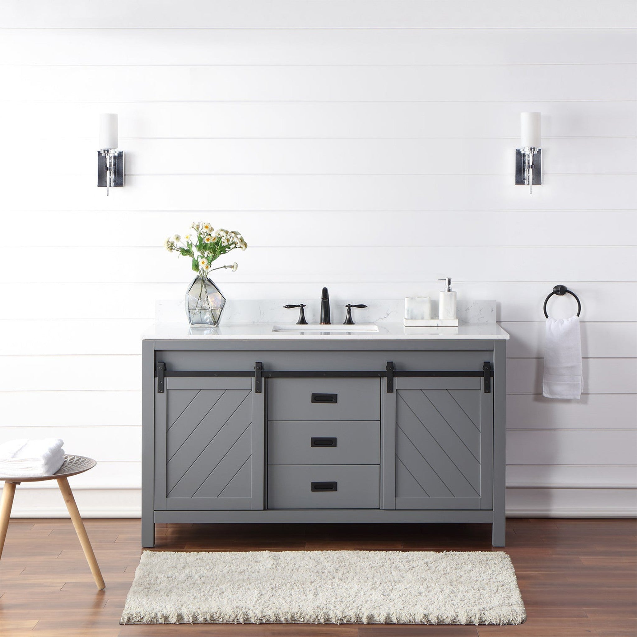 Kinsley 60" Single Bathroom Vanity Set in Gray and Composite Carrara White Stone Countertop without Mirror