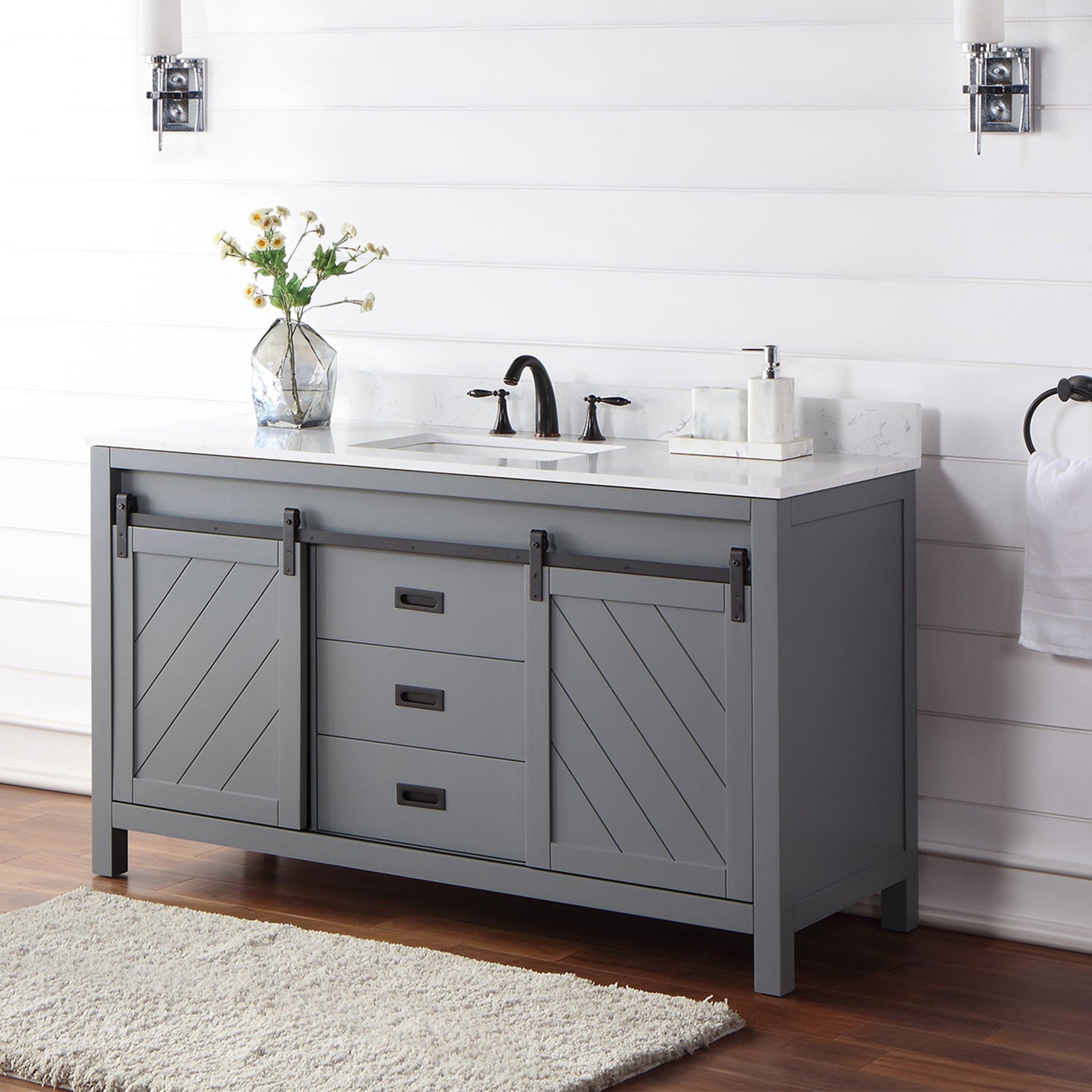 Kinsley 60" Single Bathroom Vanity Set in Gray and Composite Carrara White Stone Countertop without Mirror
