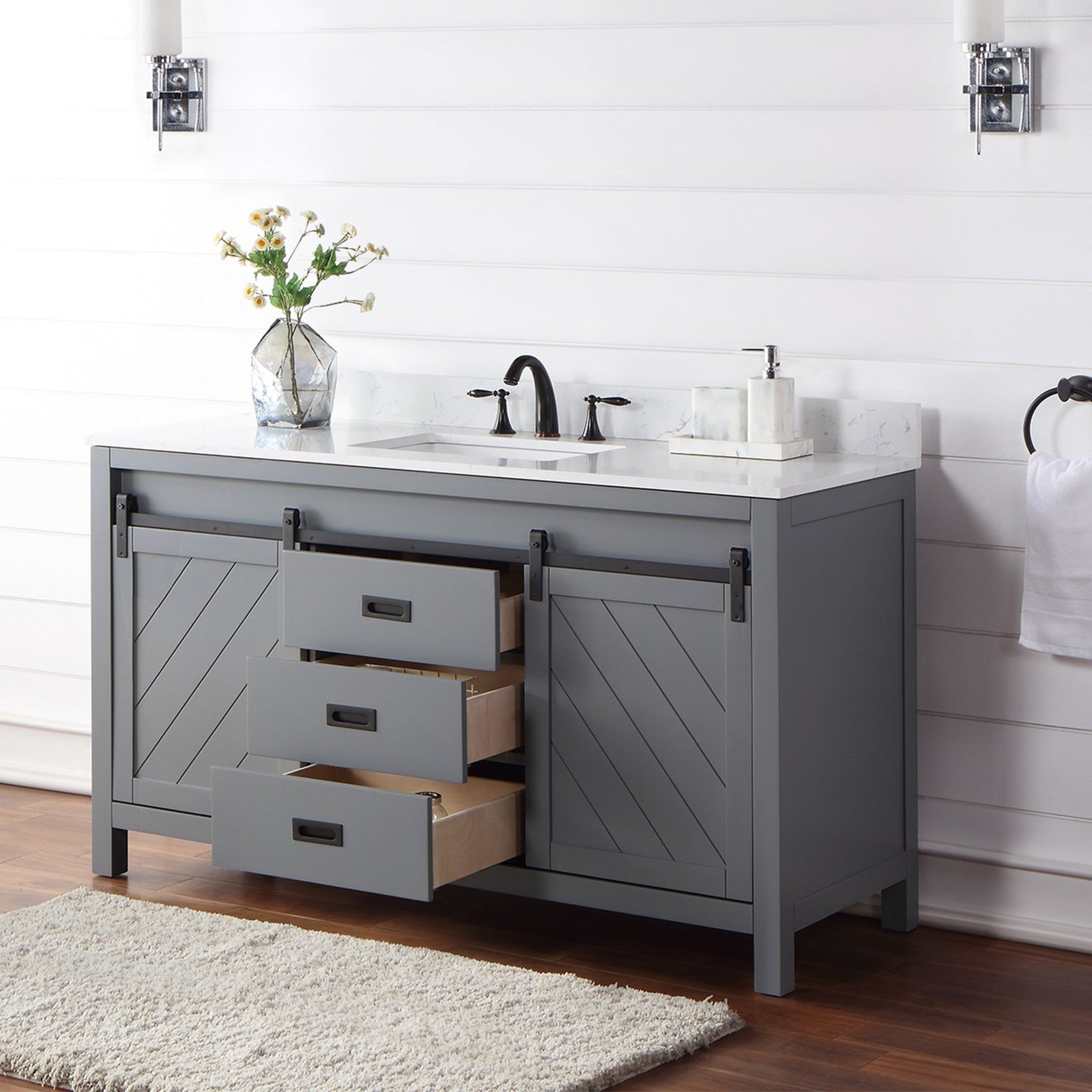 Kinsley 60" Single Bathroom Vanity Set in Gray and Composite Carrara White Stone Countertop without Mirror