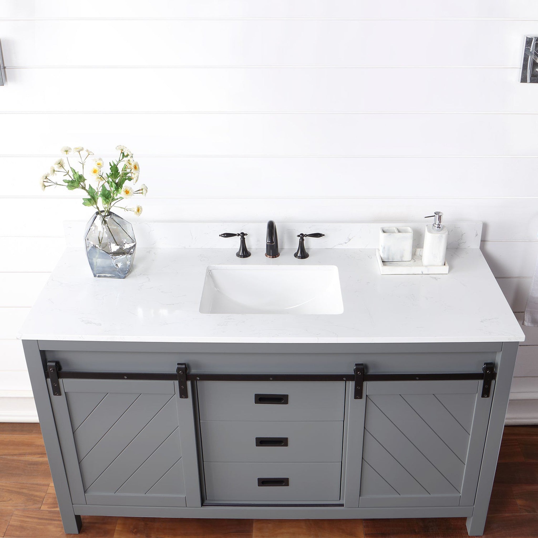 Kinsley 60" Single Bathroom Vanity Set in Gray and Composite Carrara White Stone Countertop without Mirror