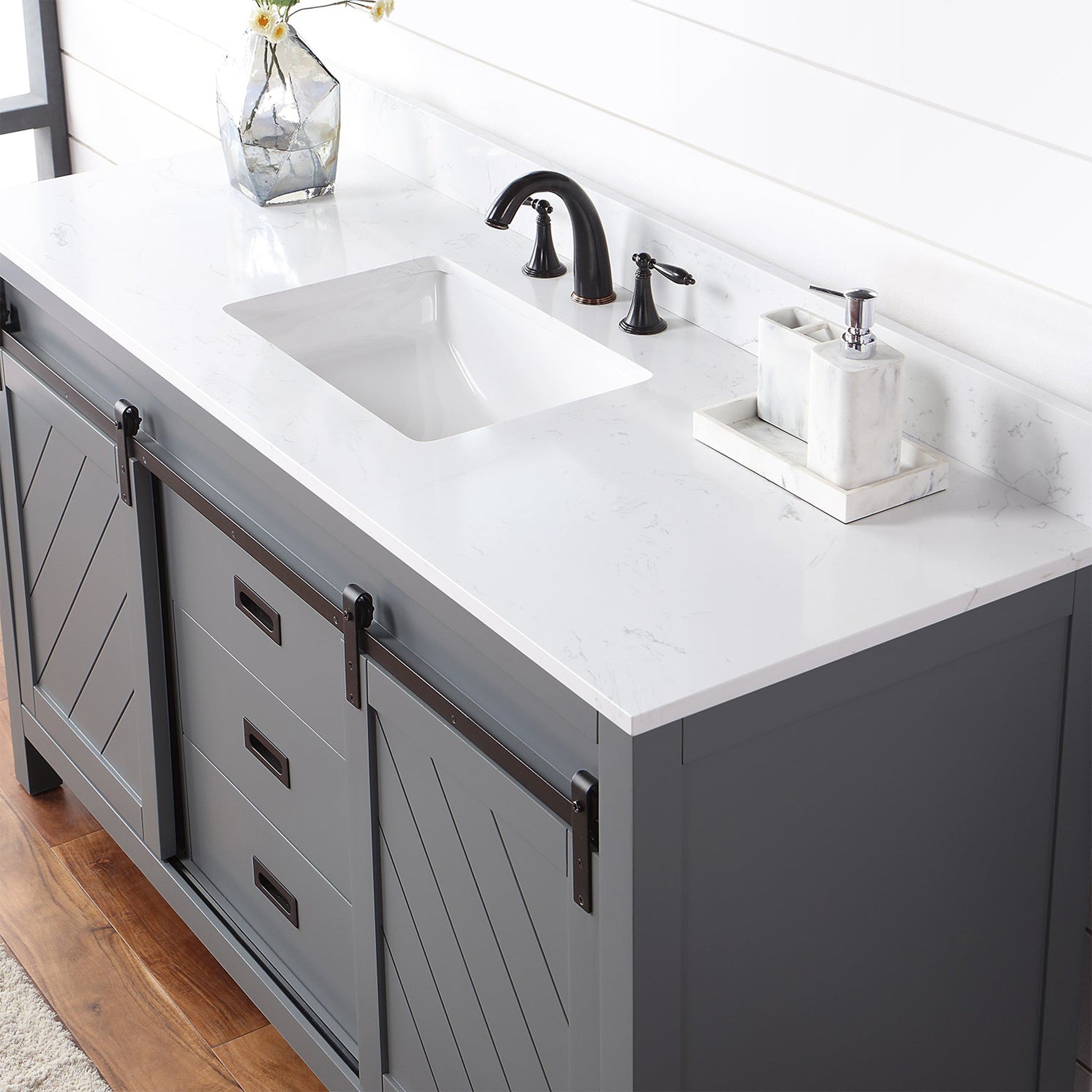 Kinsley 60" Single Bathroom Vanity Set in Gray and Composite Carrara White Stone Countertop without Mirror