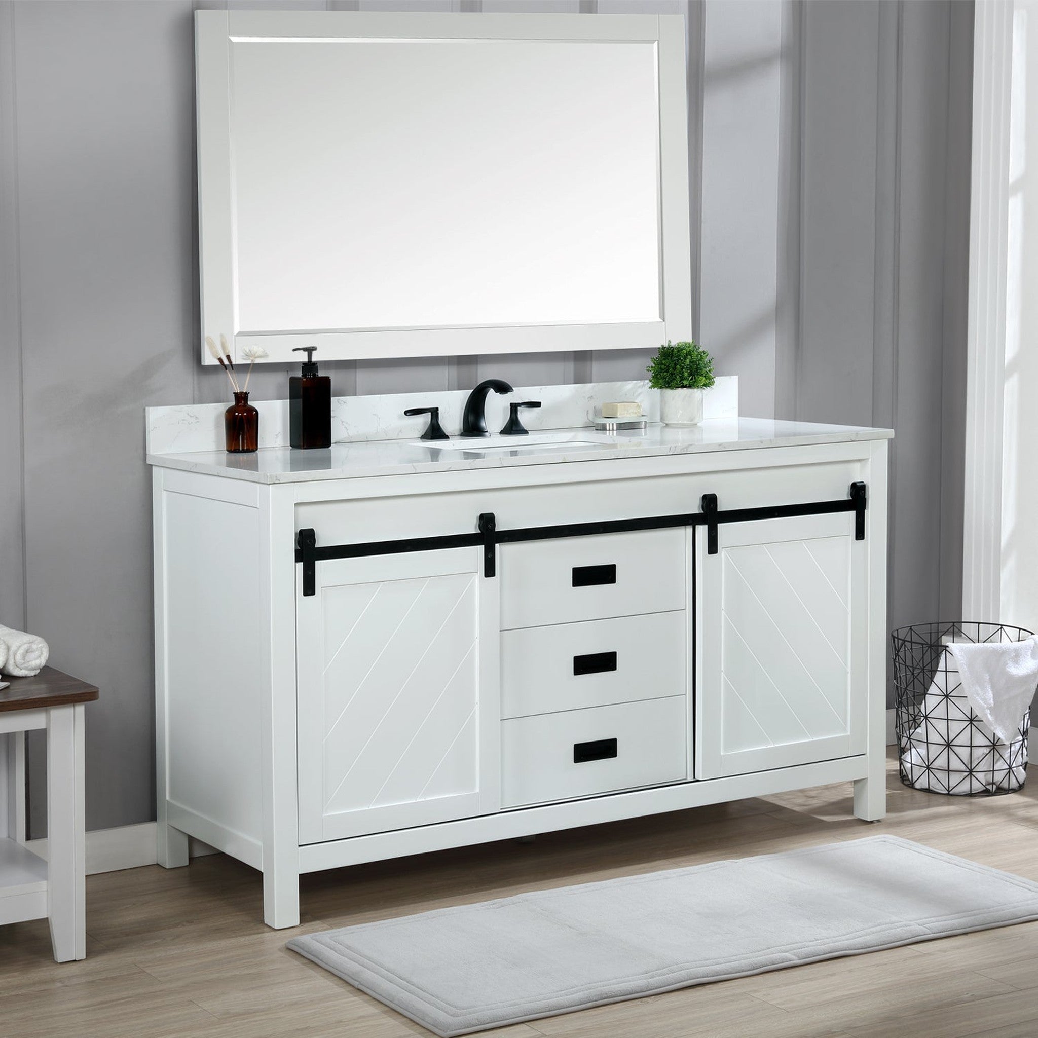 Kinsley 60" Single Bathroom Vanity Set in White and Carrara White Marble Countertop with Mirror