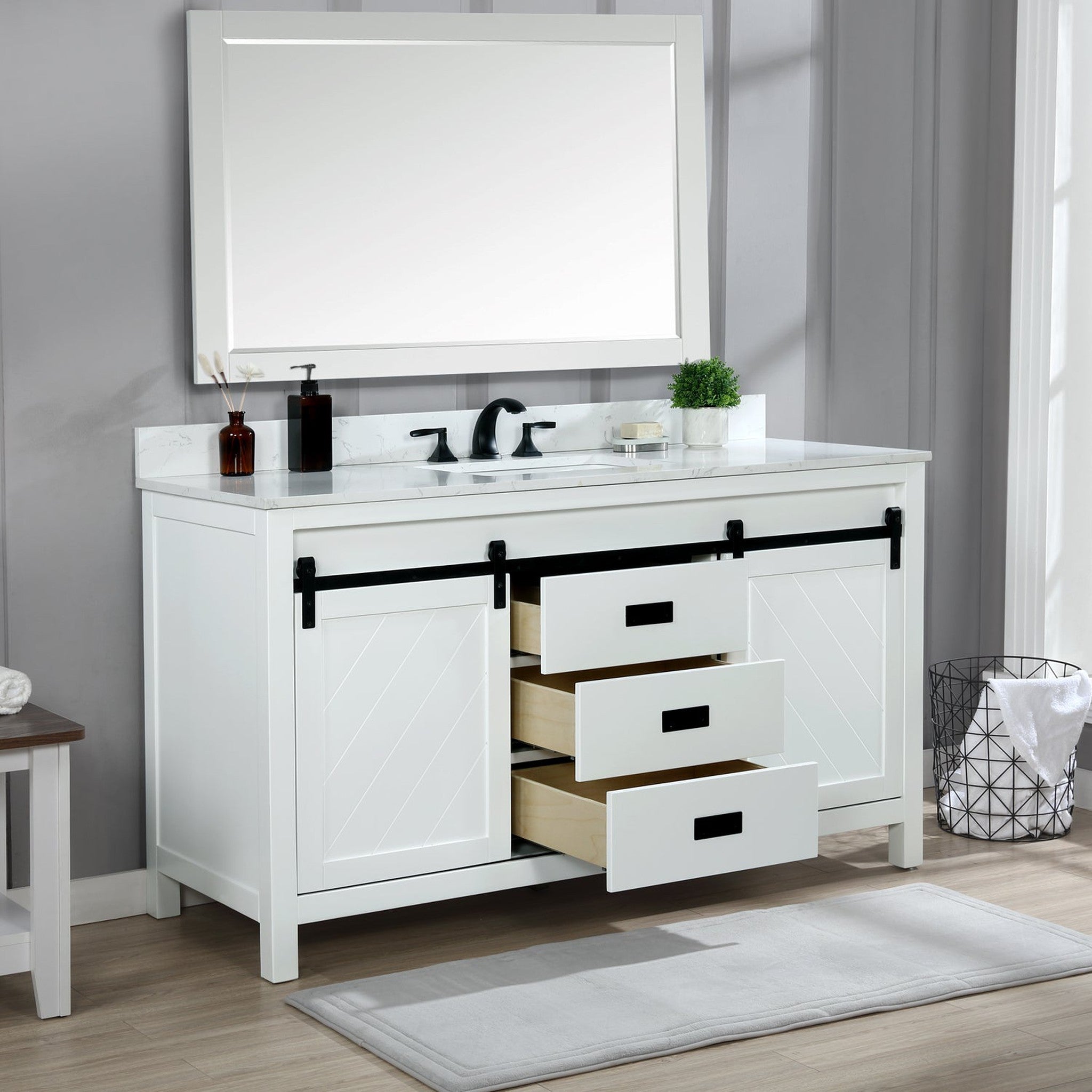 Kinsley 60" Single Bathroom Vanity Set in White and Carrara White Marble Countertop with Mirror