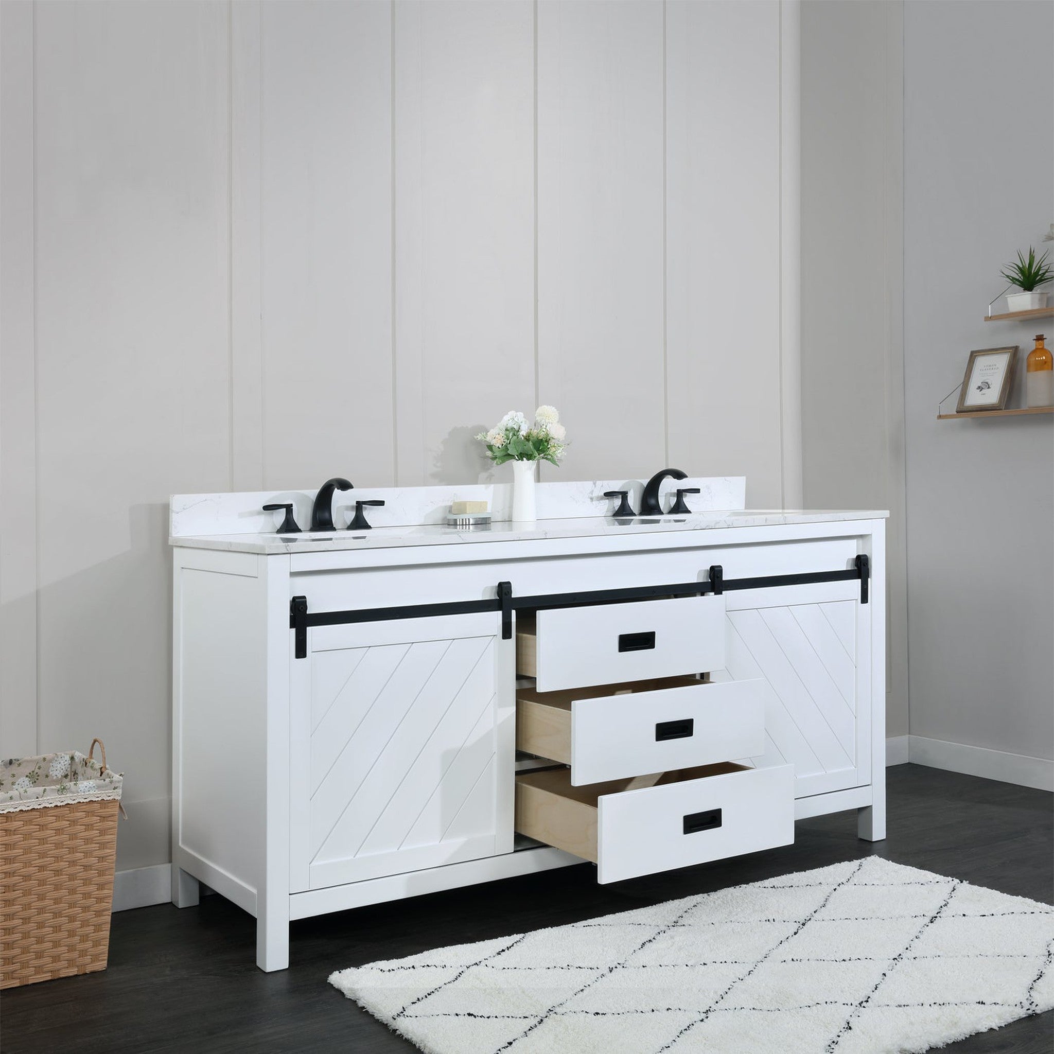 Kinsley 72" Double Bathroom Vanity Set in White and Carrara White Marble Countertop without Mirror