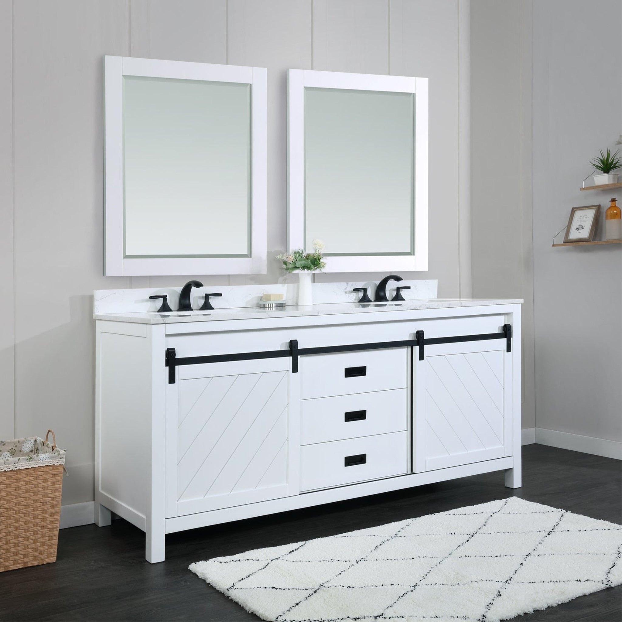 Kinsley 72" Double Bathroom Vanity Set in White and Carrara White Marble Countertop with Mirror