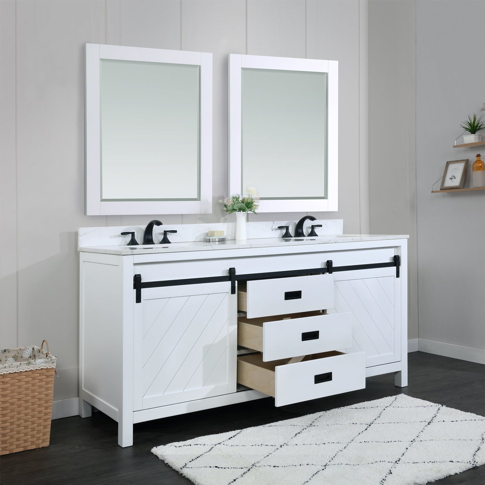 Kinsley 72" Double Bathroom Vanity Set in White and Carrara White Marble Countertop with Mirror