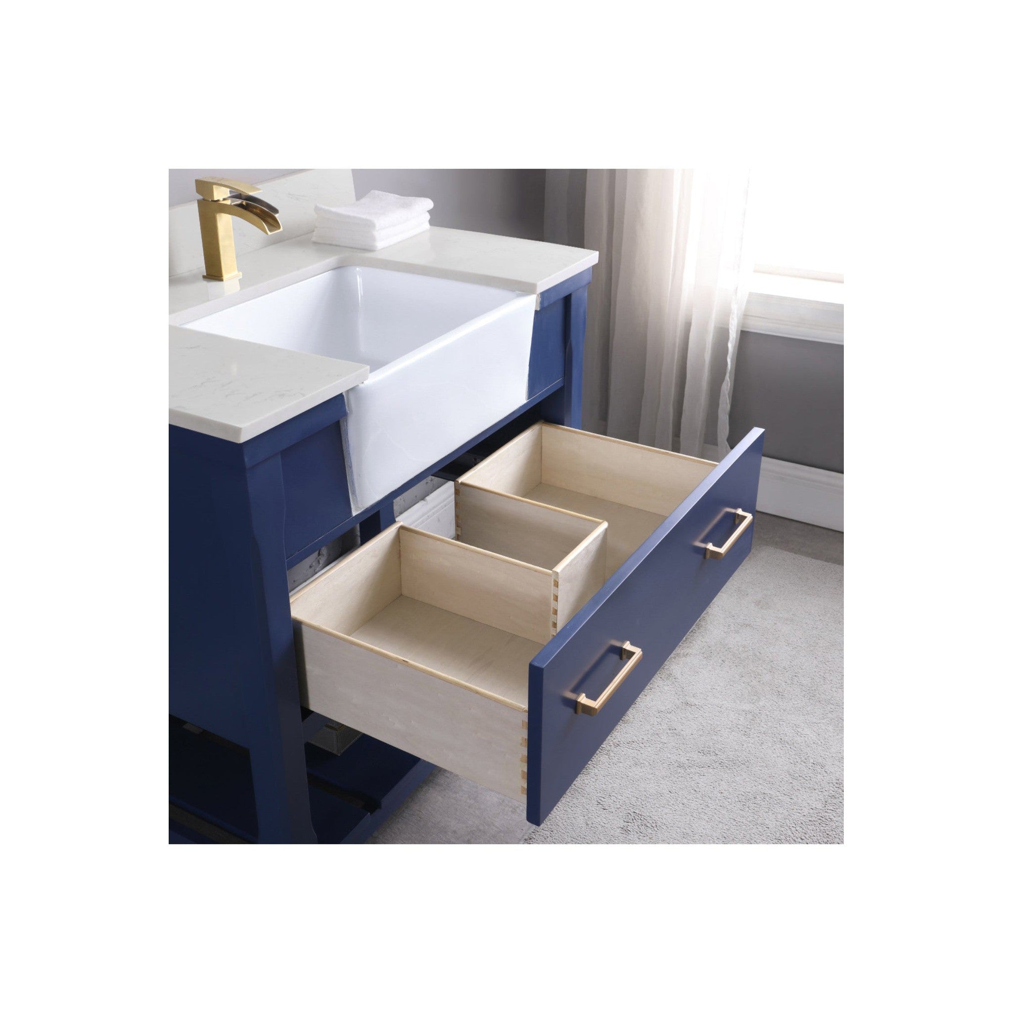 Georgia 36" Single Bathroom Vanity Set in Jewelry Blue and Composite Carrara White Stone Top with White Farmhouse Basin without Mirror