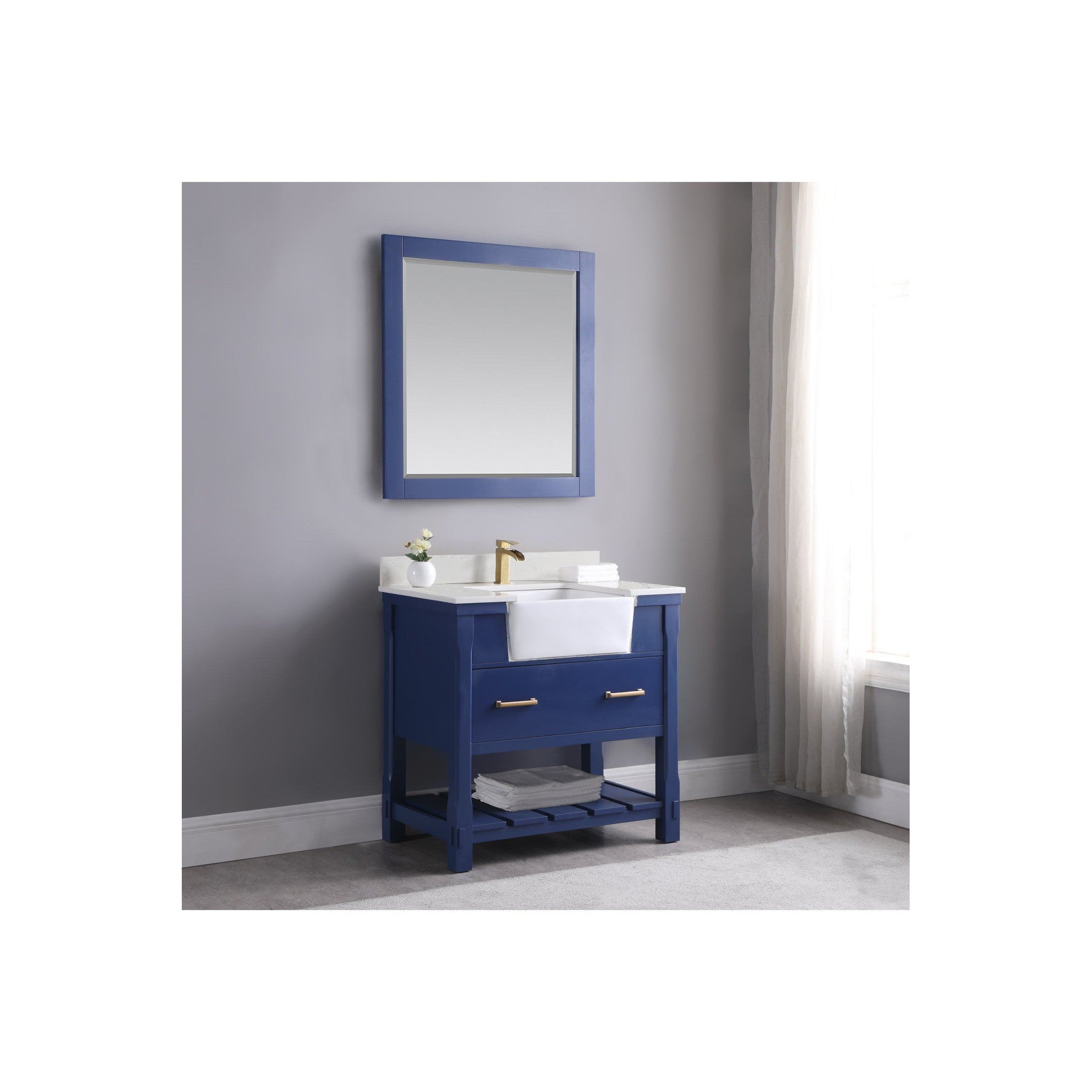 Georgia 36" Single Bathroom Vanity Set in Jewelry Blue and Composite Carrara White Stone Top with White Farmhouse Basin with Mirror