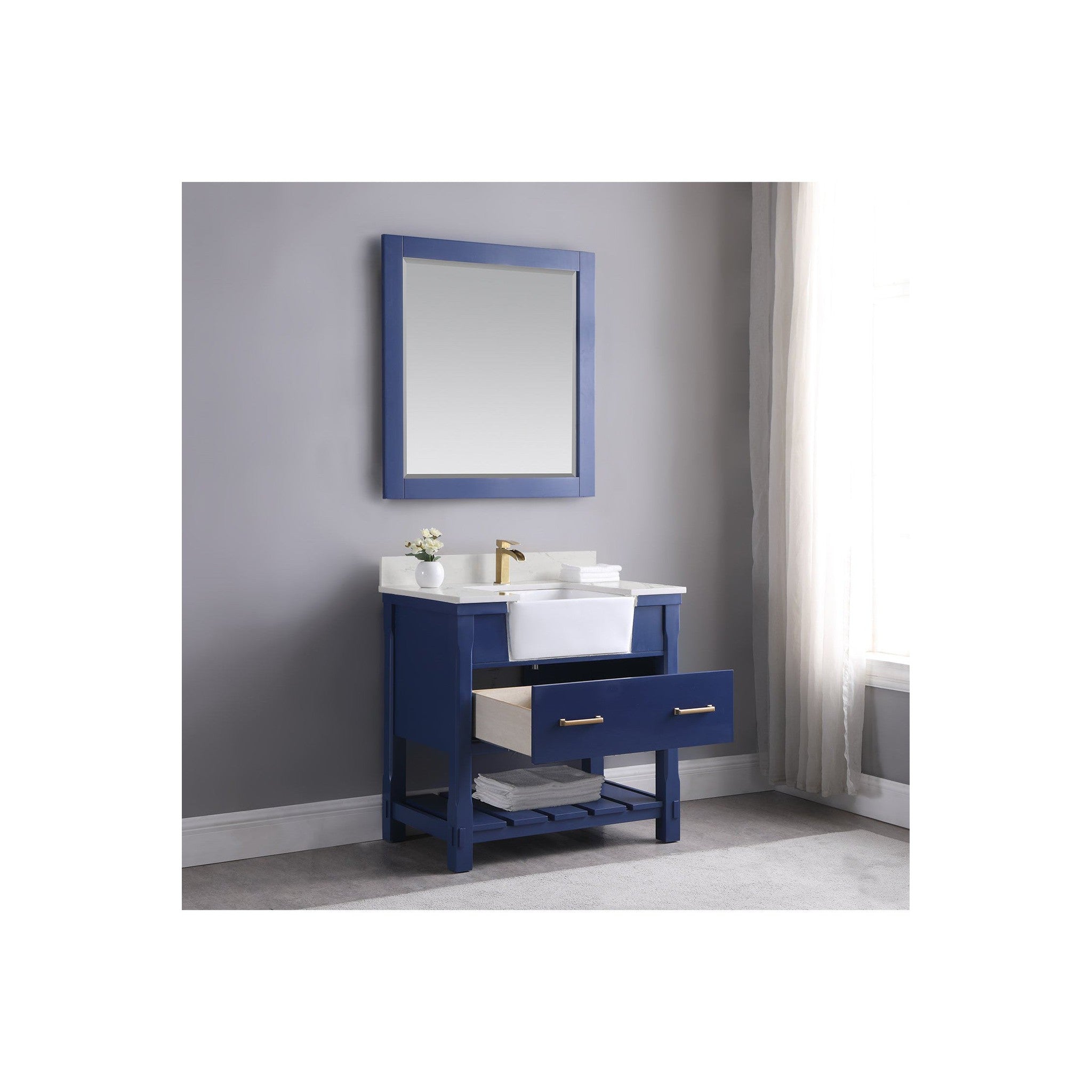 Georgia 36" Single Bathroom Vanity Set in Jewelry Blue and Composite Carrara White Stone Top with White Farmhouse Basin with Mirror