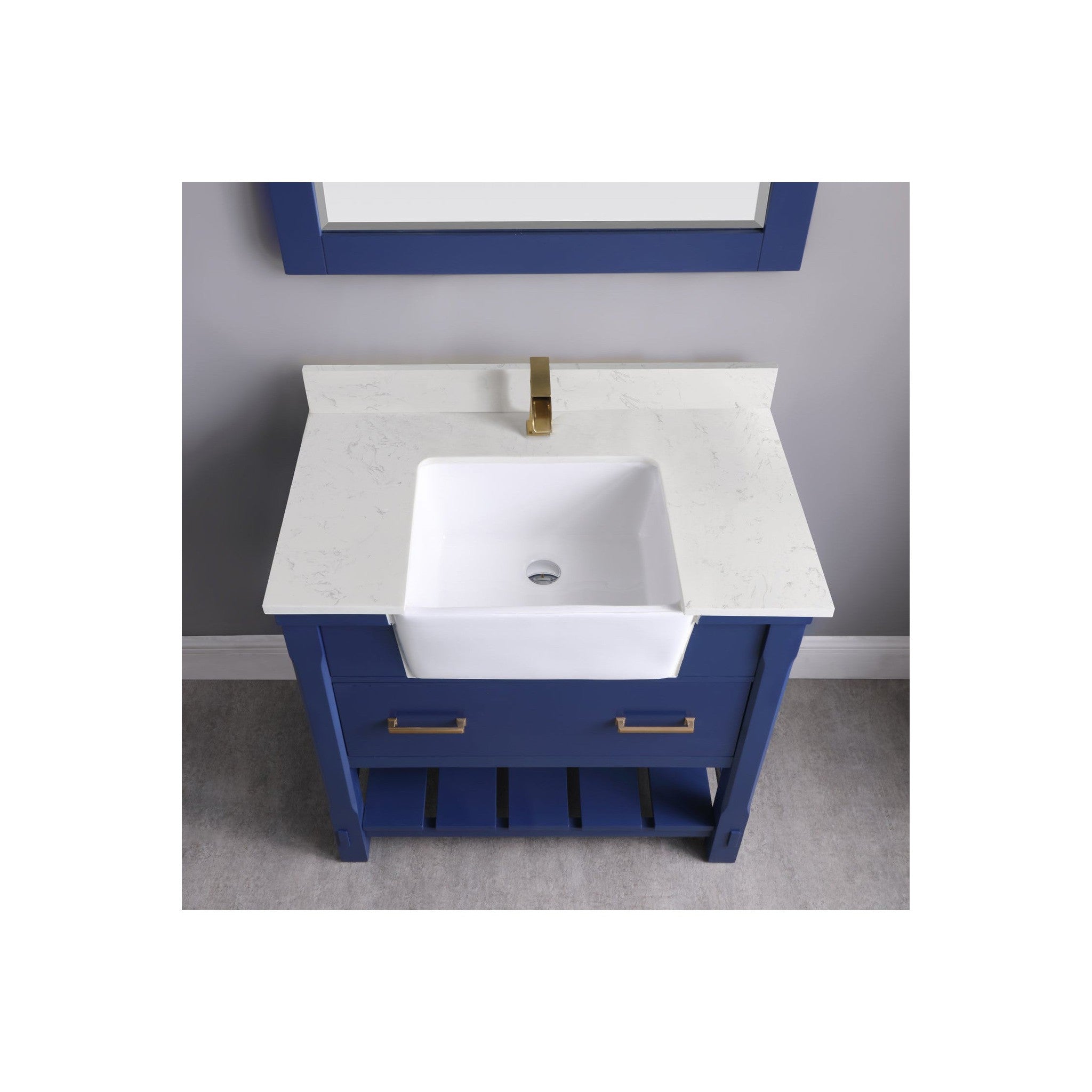 Georgia 36" Single Bathroom Vanity Set in Jewelry Blue and Composite Carrara White Stone Top with White Farmhouse Basin with Mirror