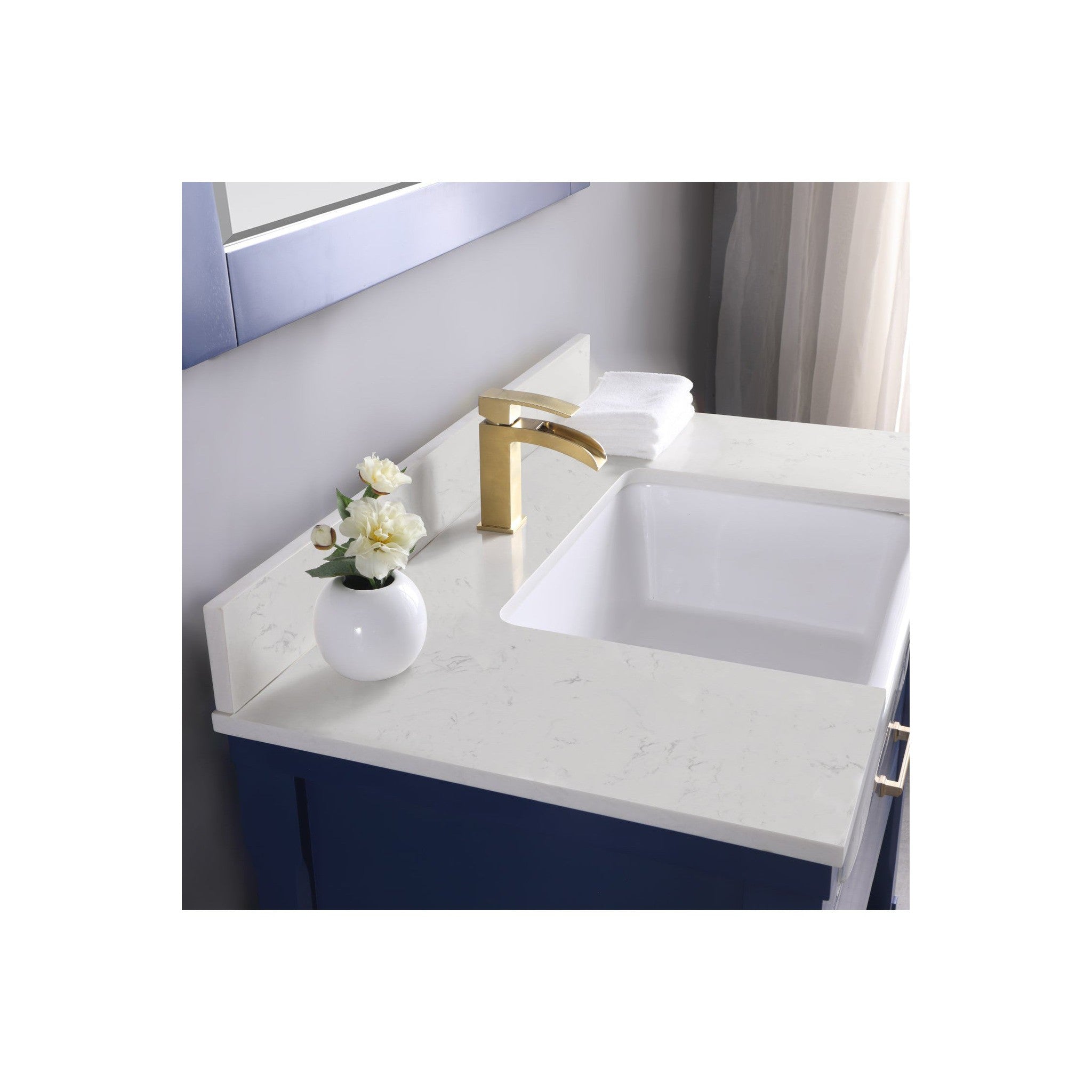 Georgia 36" Single Bathroom Vanity Set in Jewelry Blue and Composite Carrara White Stone Top with White Farmhouse Basin with Mirror