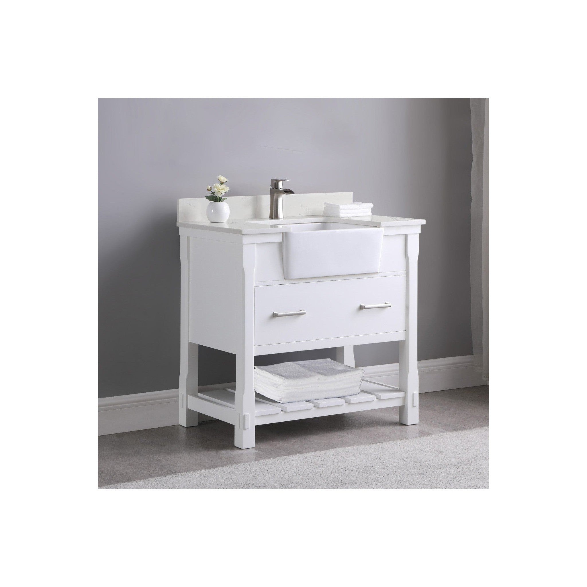 Georgia 36" Single Bathroom Vanity Set in White and Composite Carrara White Stone Top with White Farmhouse Basin without Mirror
