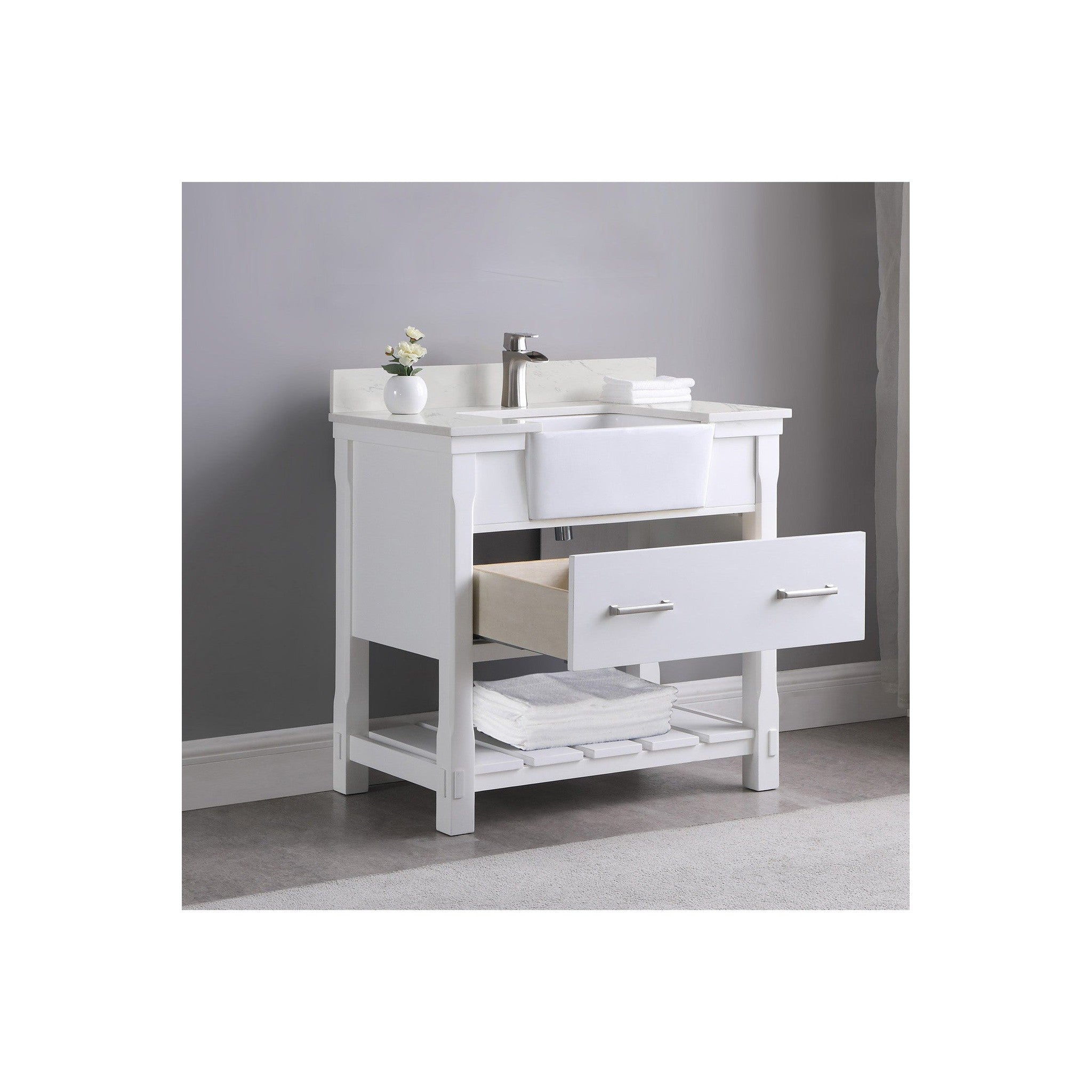 Georgia 36" Single Bathroom Vanity Set in White and Composite Carrara White Stone Top with White Farmhouse Basin without Mirror