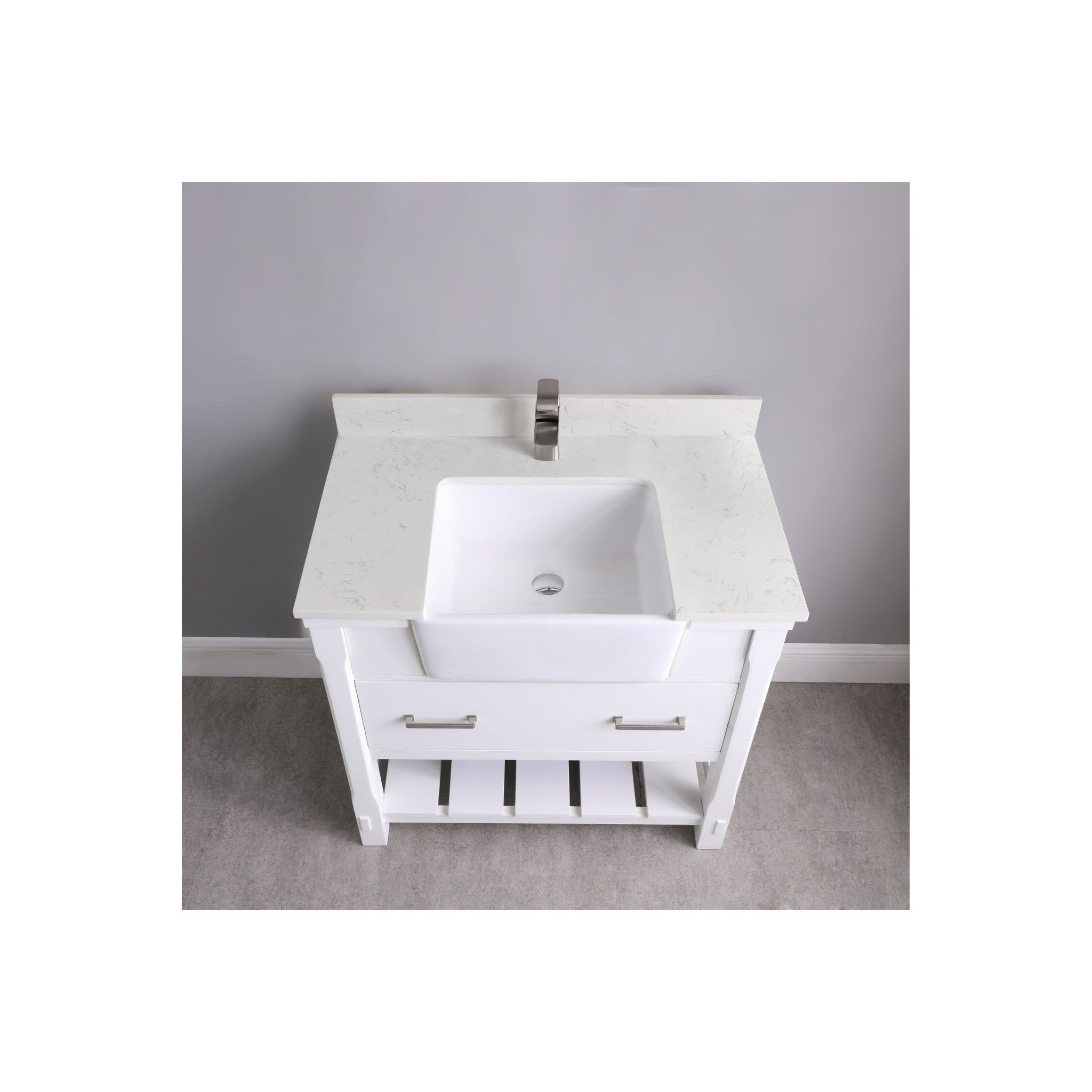 Georgia 36" Single Bathroom Vanity Set in White and Composite Carrara White Stone Top with White Farmhouse Basin without Mirror